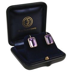 Amethyst Earrings. 15.60ct Emerald Cut Earrings Fish-Hook 14K Yellow Gold