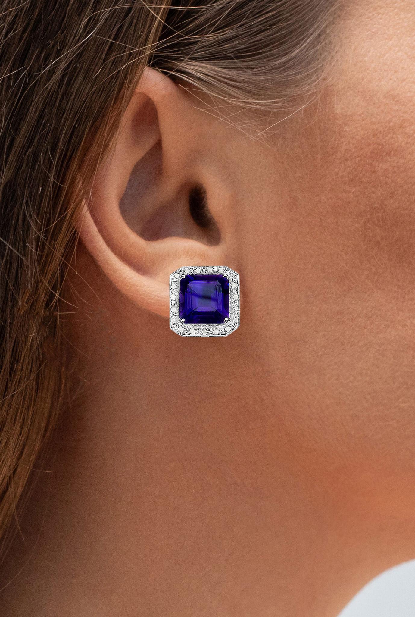 Orecchini di ametista aureola di diamanti 9,3 carati A. Silver In condizioni ottime in vendita a Punta Gorda, FL