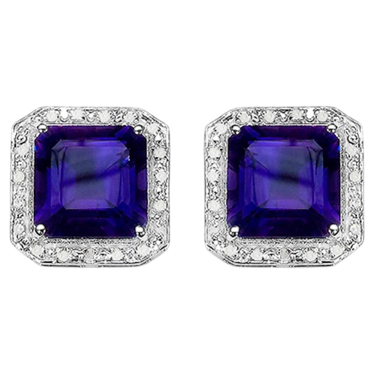Amethyst Earrings Diamond Halo 9.3 Carats Silver For Sale