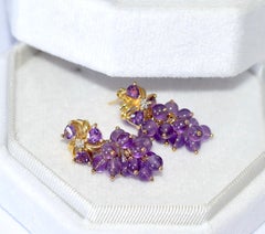 Amethyst Earrings in 10K Yellow Gold Purple Amethyst and Diamond Cluster