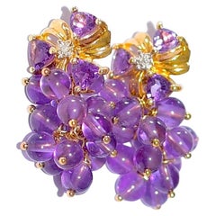 Amethyst Earrings in 10K Yellow Gold Purple Amethyst and Diamond Cluster
