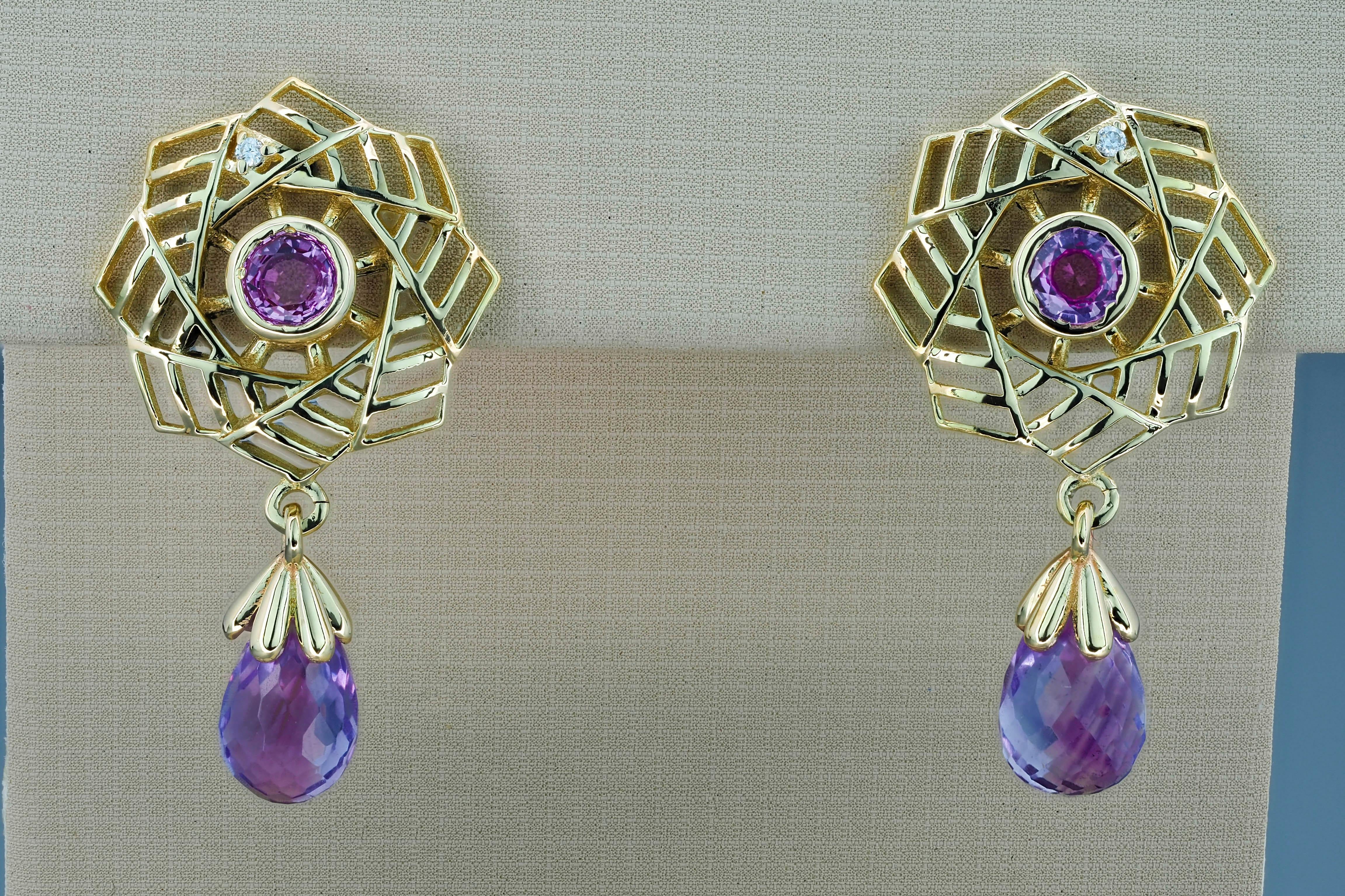 Modern Amethyst Earrings in 14k Gold, Pink Sapphire Earrings in 14k Gold For Sale