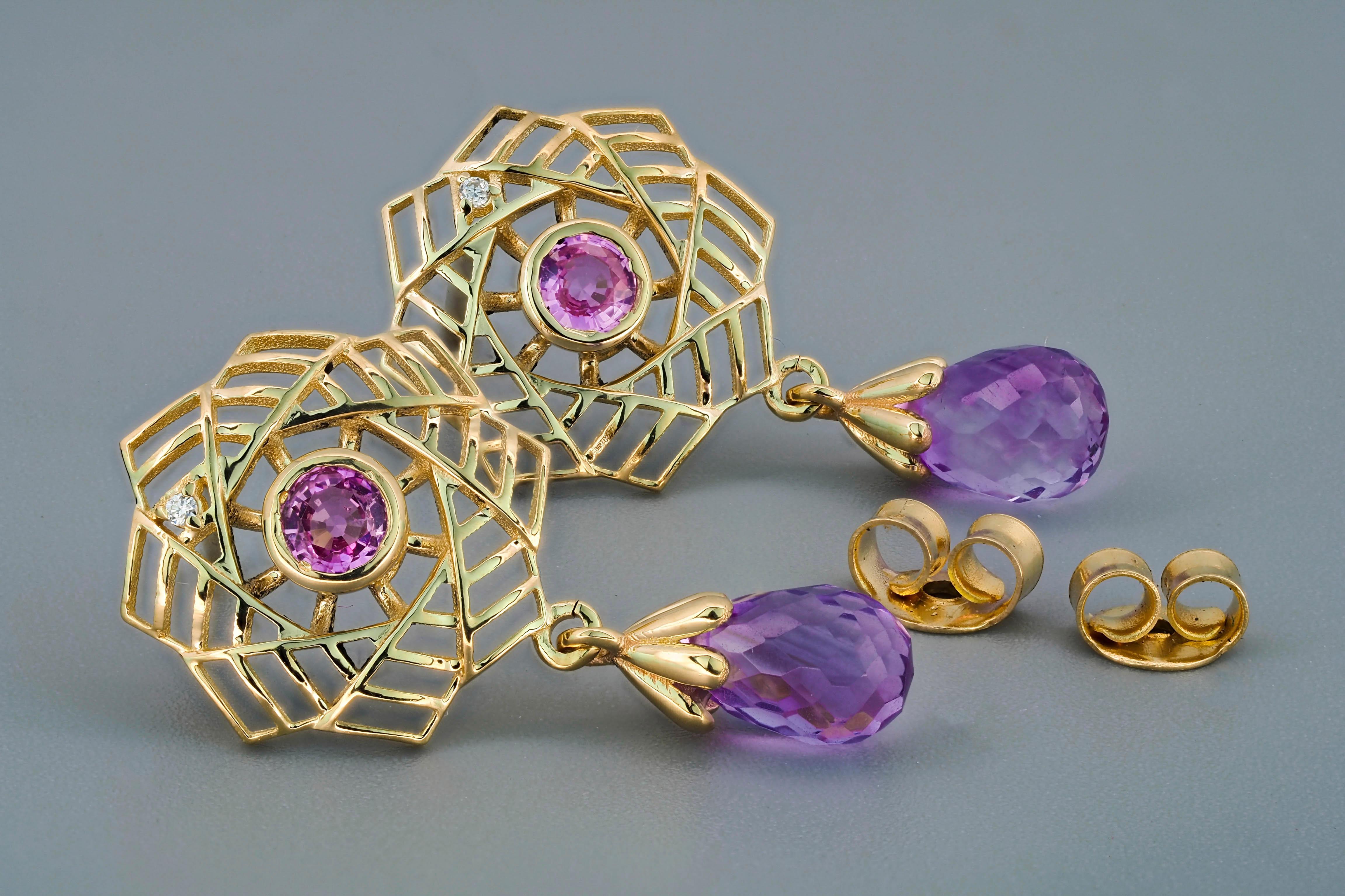 Amethyst Earrings in 14k Gold, Pink Sapphire Earrings in 14k Gold In New Condition For Sale In Istanbul, TR