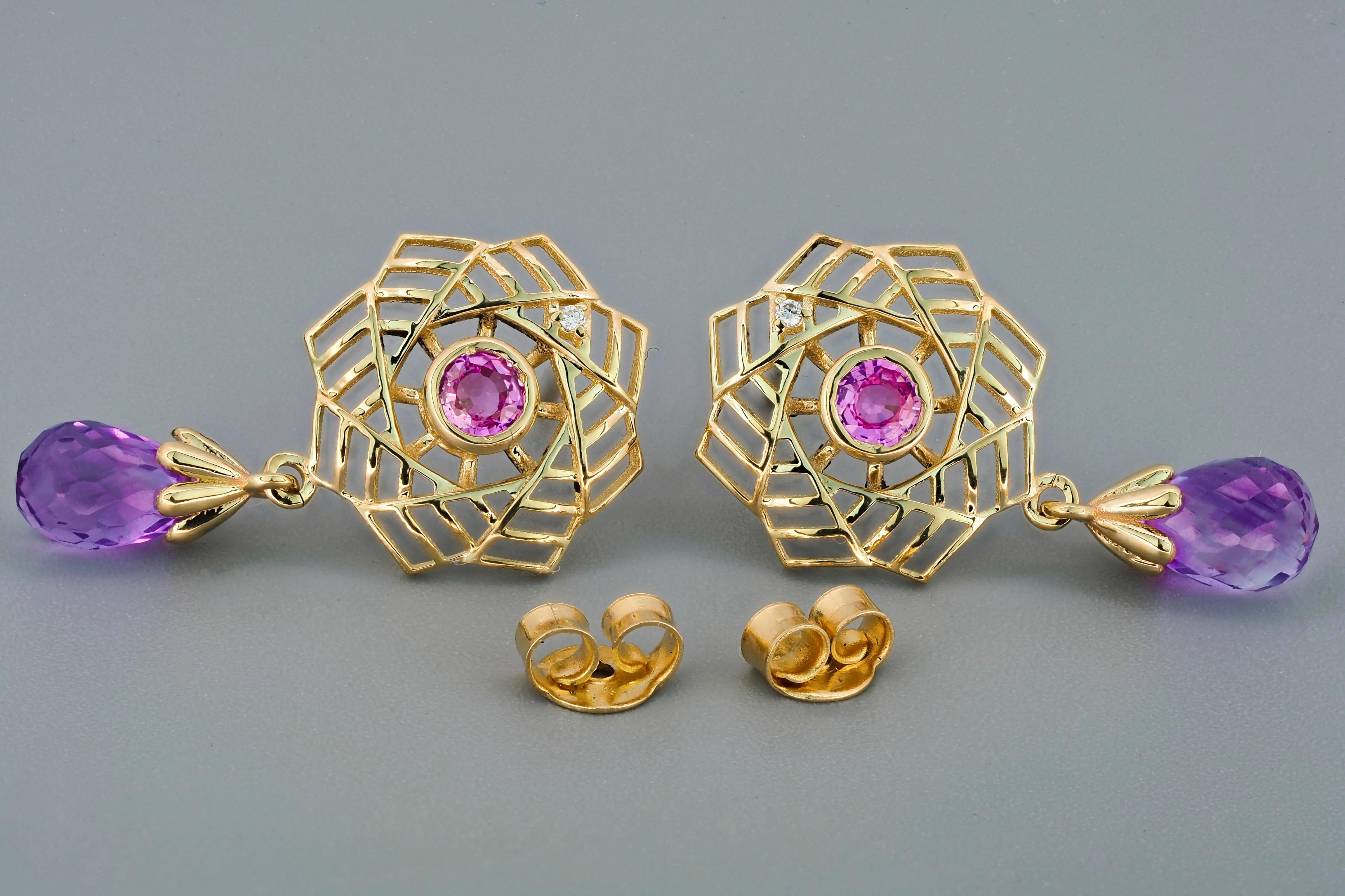 Women's or Men's Amethyst Earrings in 14k Gold, Pink Sapphire Earrings in 14k Gold For Sale