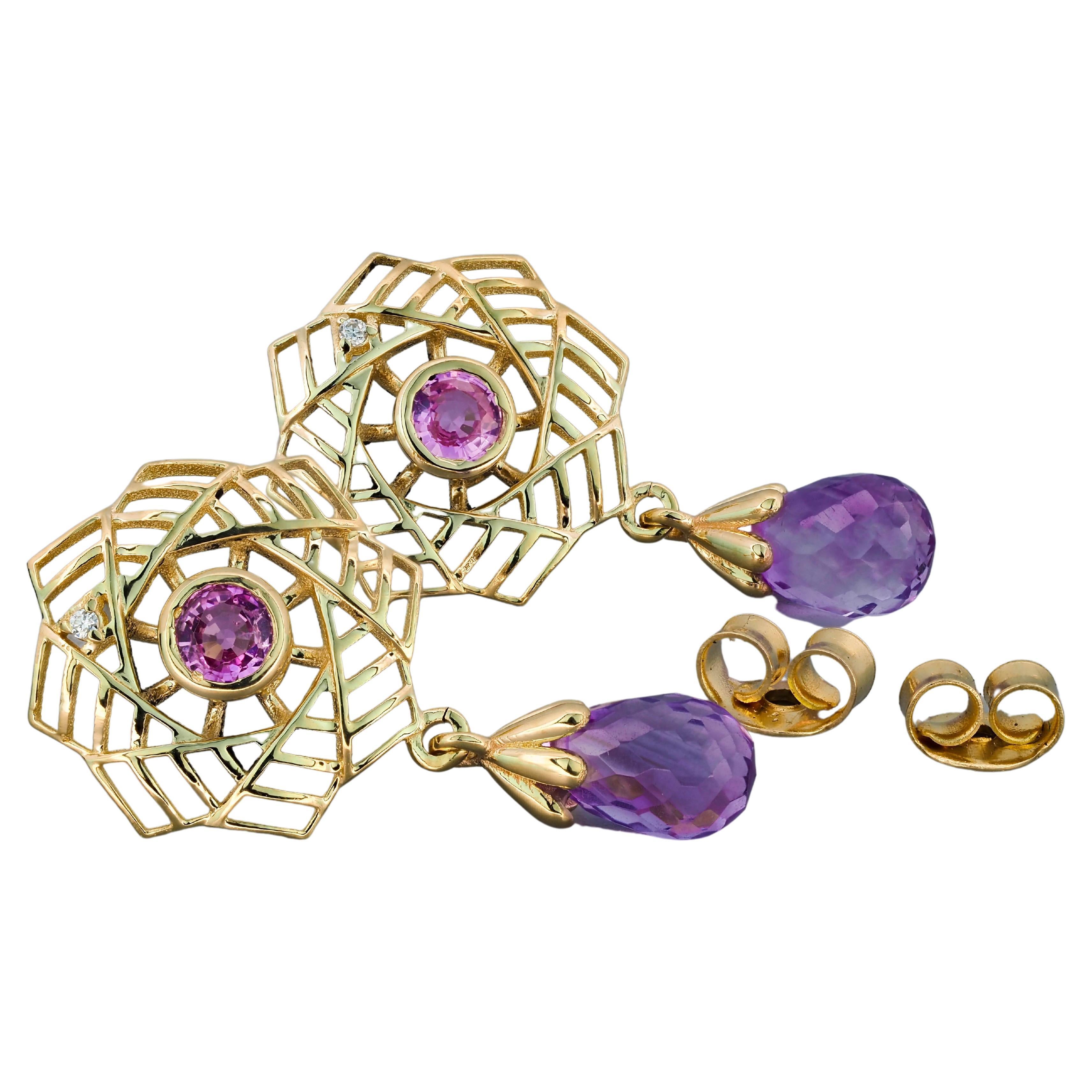 Boucles d'oreilles Améthyste en or 14k, Boucles d'oreilles Saphir rose en or 14k en vente