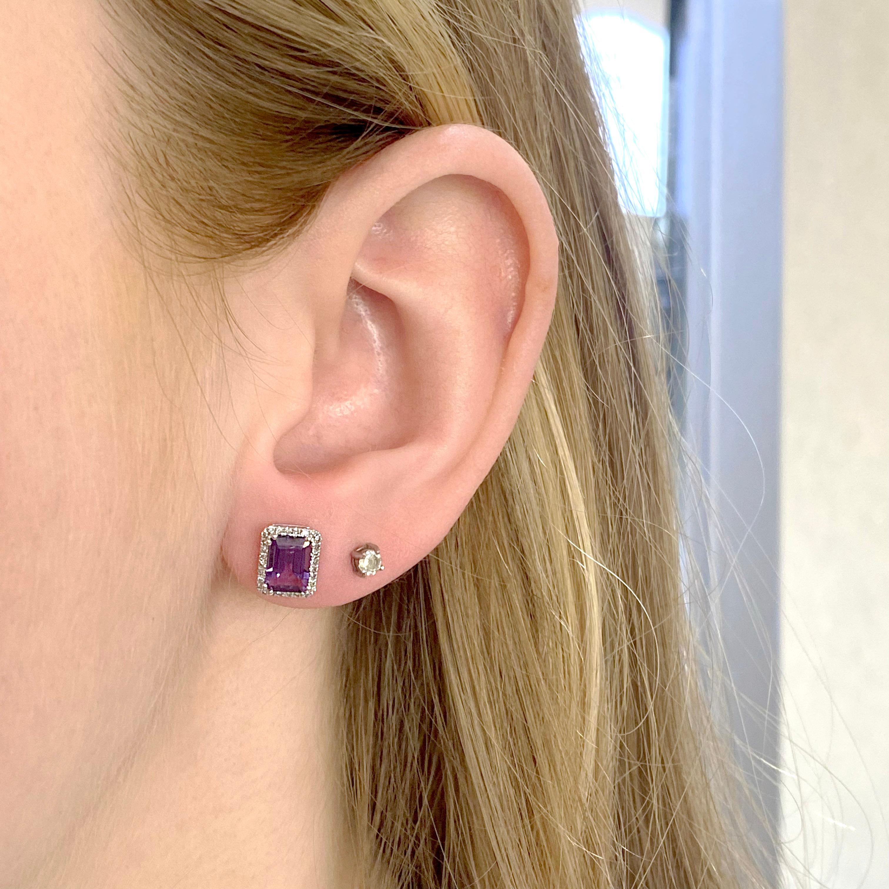 Contemporary Amethyst Earrings Stud Style with a Diamond Halo, Emerald Cut Purple 1.75 Ct