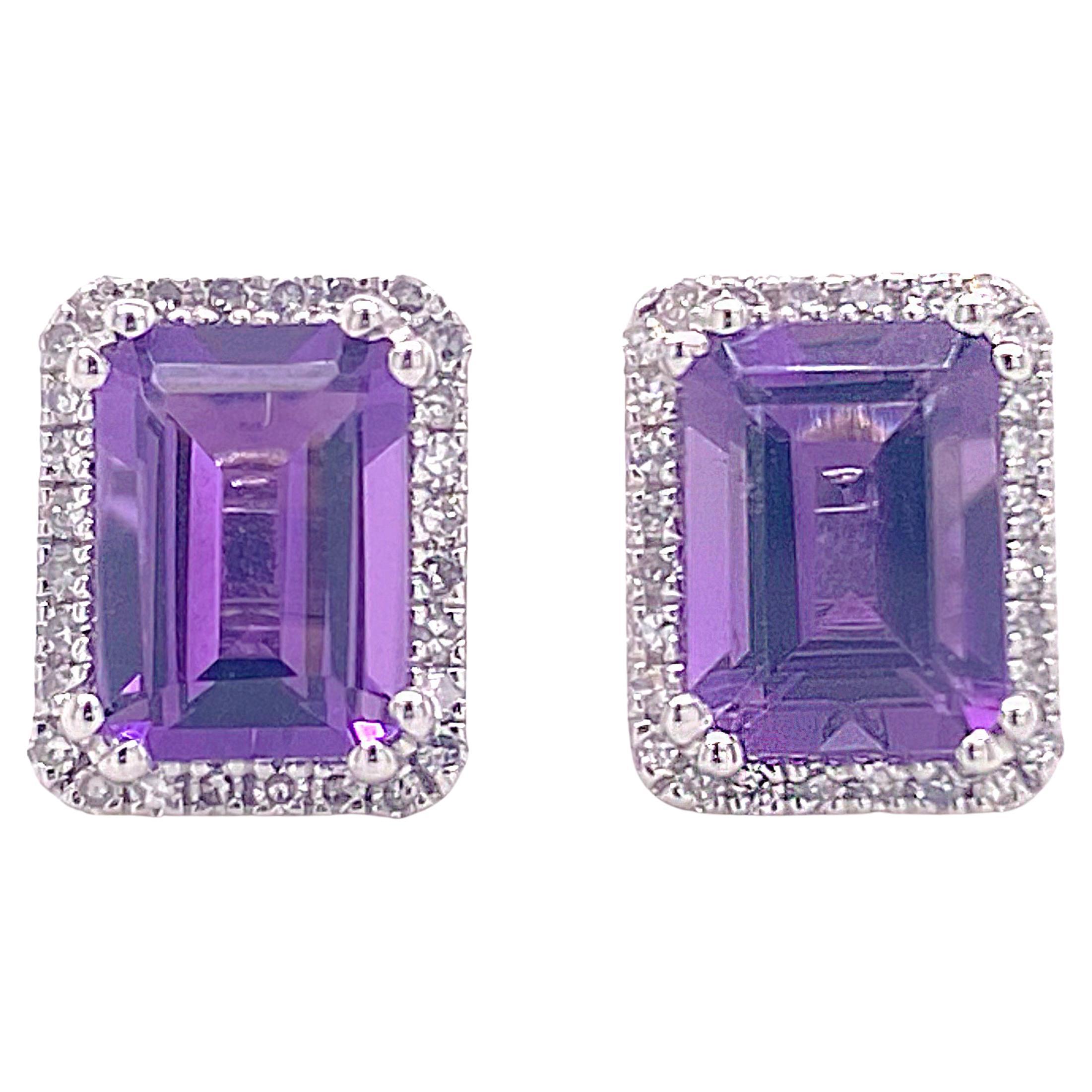 Amethyst Earrings Stud Style with a Diamond Halo, Emerald Cut Purple 1.75 Ct