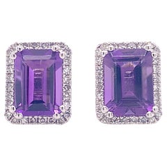 Amethyst Earrings Stud Style with a Diamond Halo, Emerald Cut Purple 1.75 Ct