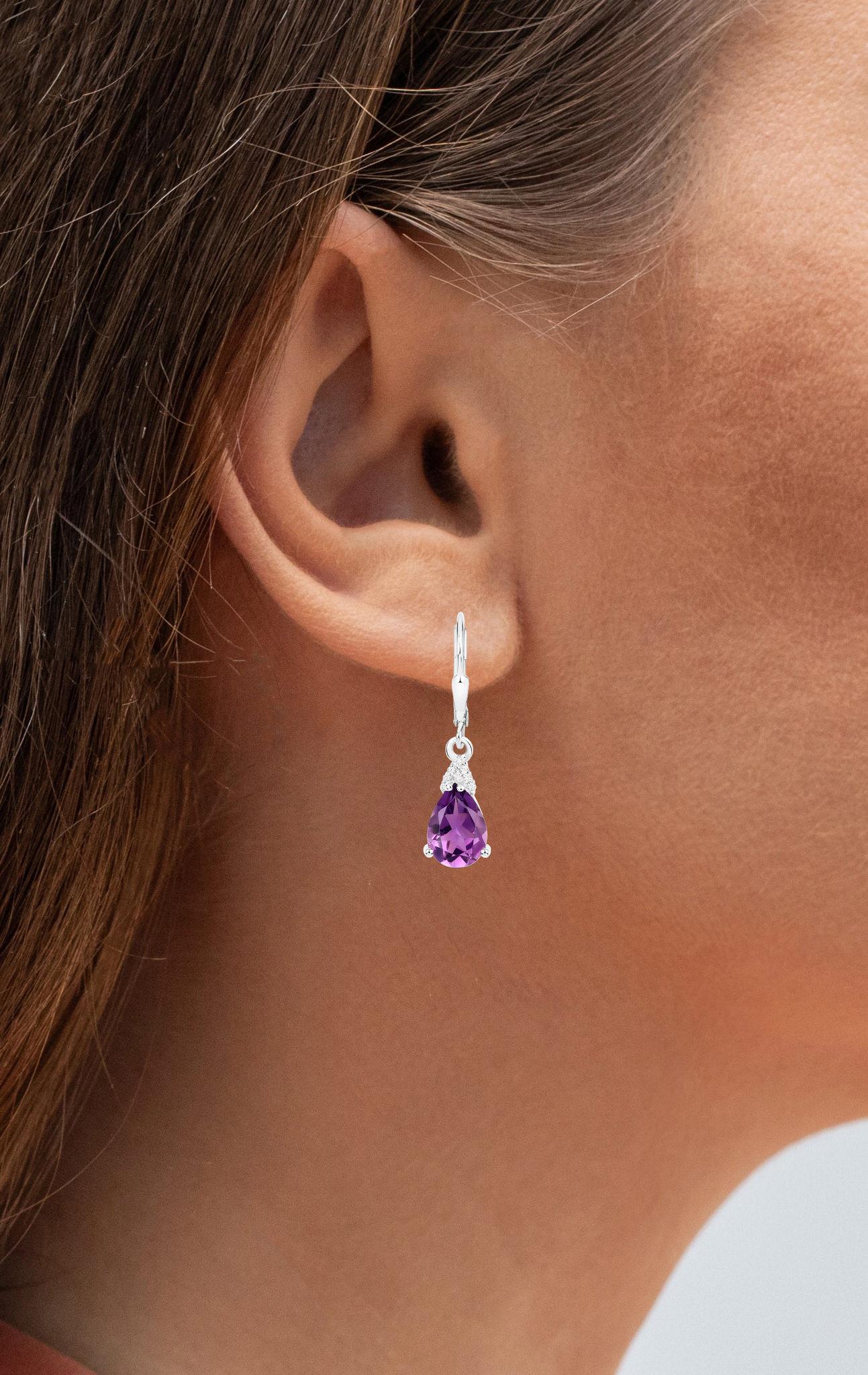 Contemporary Amethyst Earrings White Zircon 2.78 Carats 18K White Gold Plated Silver For Sale