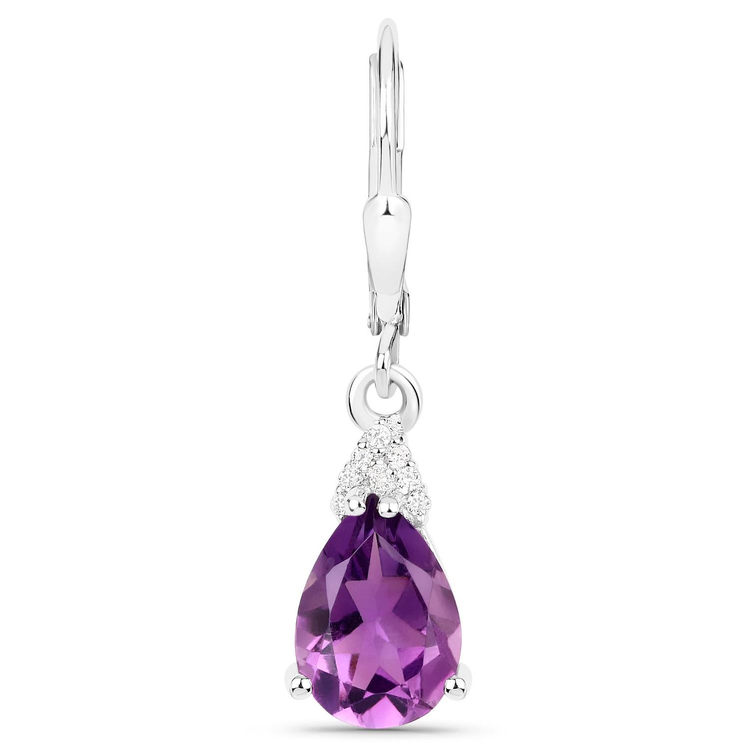 Pear Cut Amethyst Earrings White Zircon 2.78 Carats 18K White Gold Plated Silver For Sale