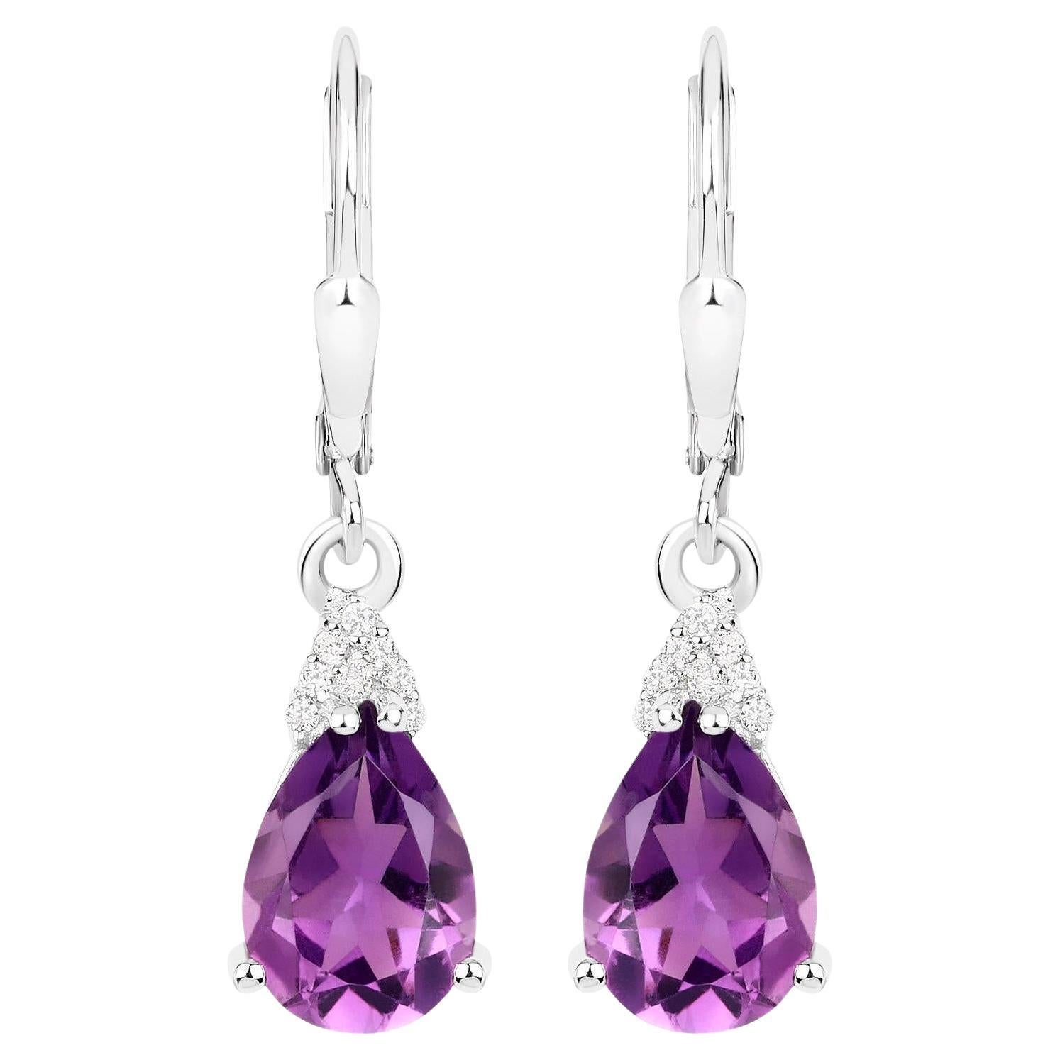 Amethyst Earrings White Zircon 2.78 Carats 18K White Gold Plated Silver For Sale