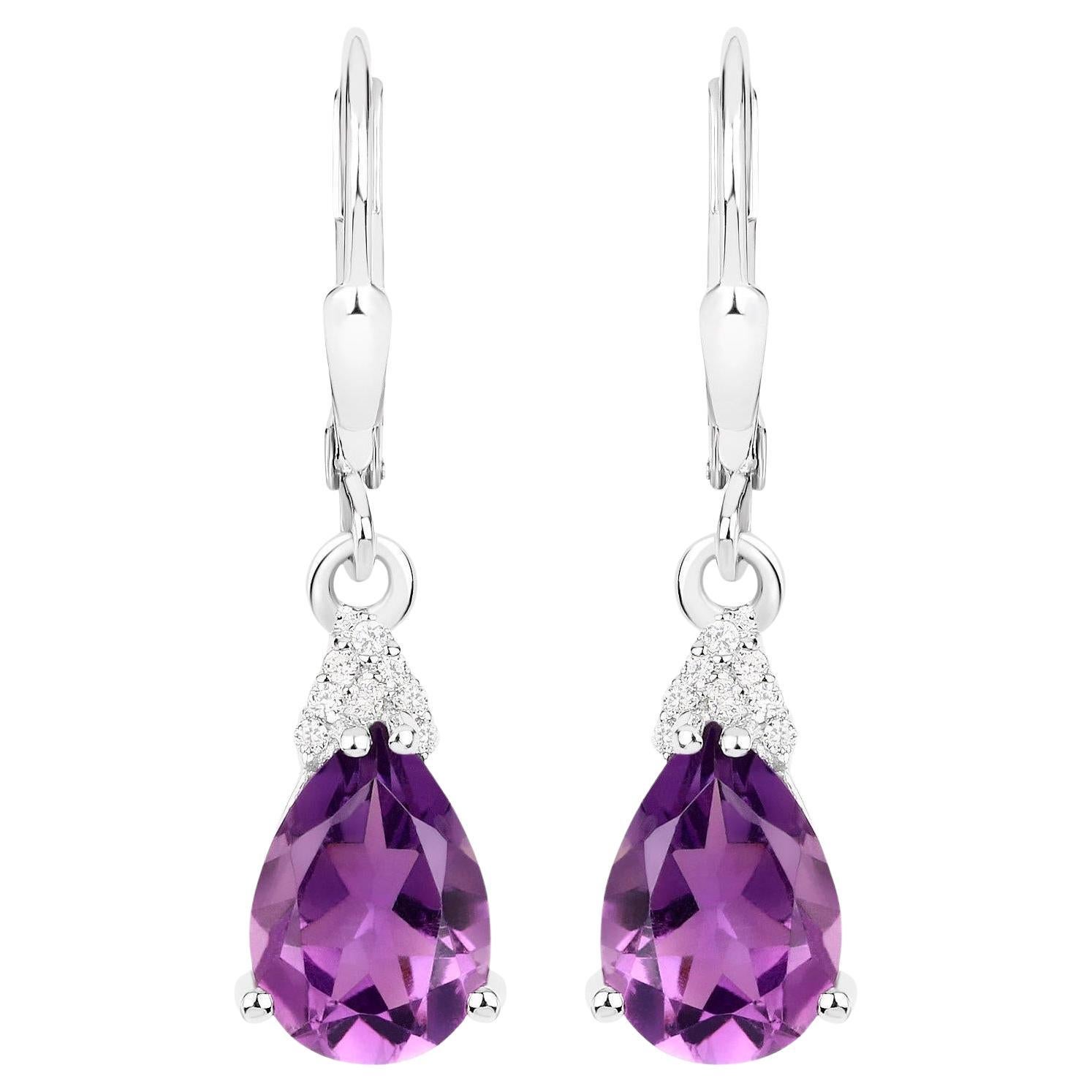 Boucles d'oreilles en argent plaqué or blanc 18 carats avec améthyste blanche zircon 2,78 carats