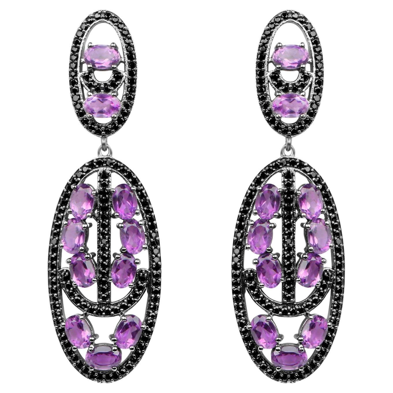Amethyst Earrings With Black Spinels 12.45 Carats Rhodium Plated Sterling Silver