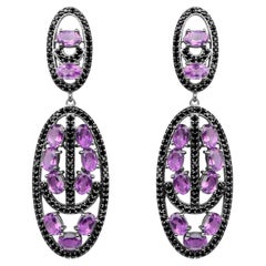 Amethyst Earrings With Black Spinels 12.45 Carats Rhodium Plated Sterling Silver