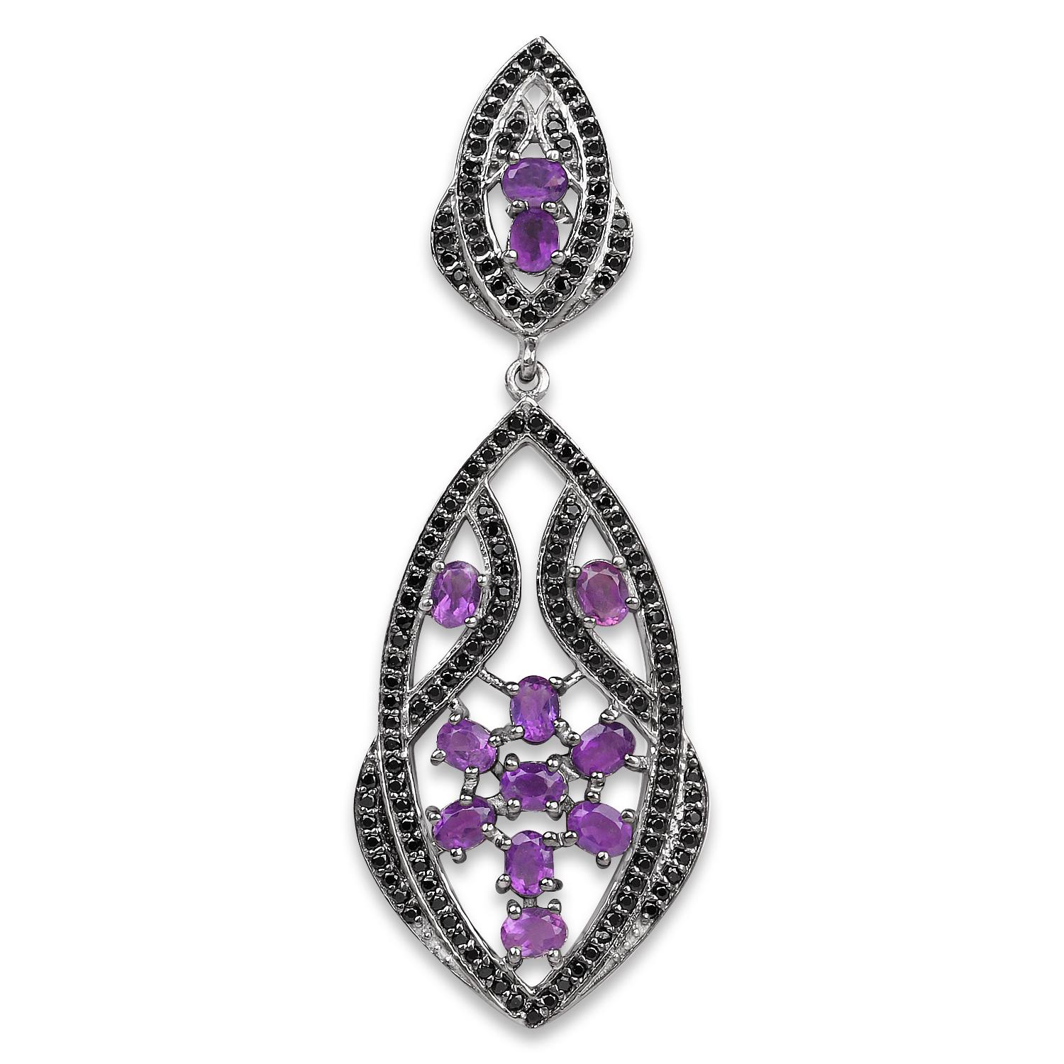 Oval Cut Amethyst Earrings With Black Spinels 5.74 Carats Rhodium Plated Sterling Silver For Sale