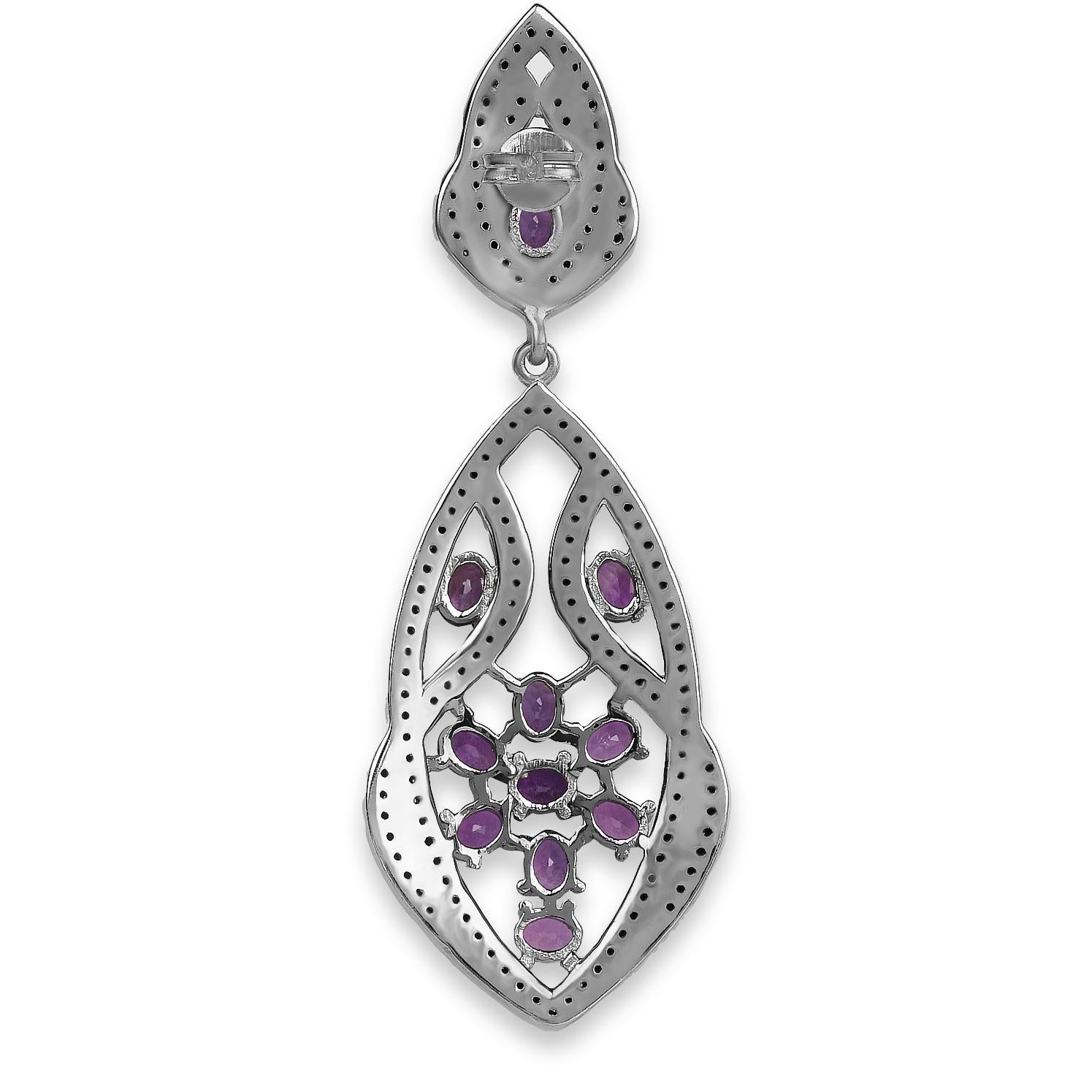 Amethyst Earrings With Black Spinels 5.74 Carats Rhodium Plated Sterling Silver In Excellent Condition For Sale In Laguna Niguel, CA
