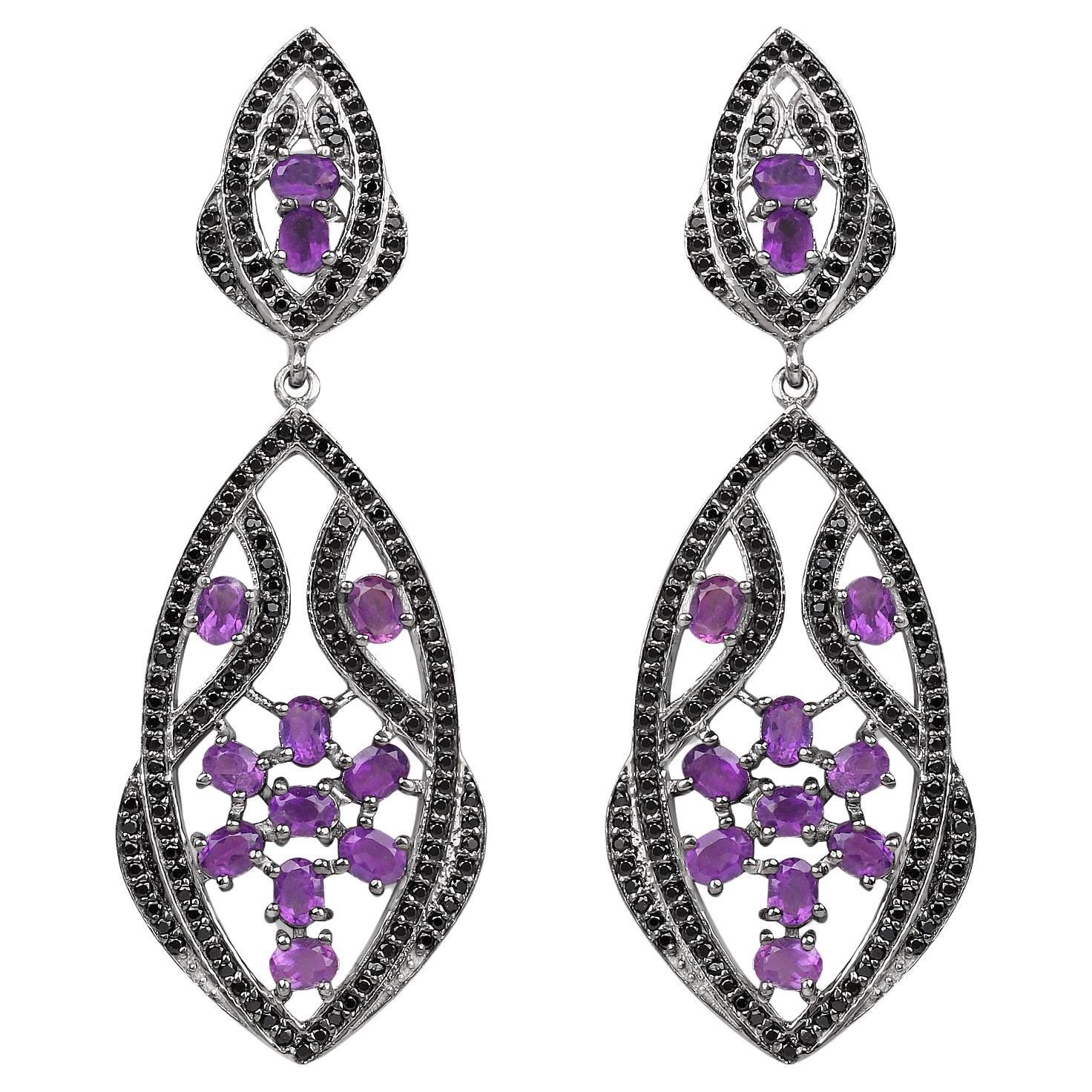 Amethyst Earrings With Black Spinels 5.74 Carats Rhodium Plated Sterling Silver For Sale