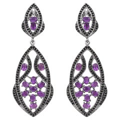 Vintage Amethyst Earrings With Black Spinels 5.74 Carats Rhodium Plated Sterling Silver