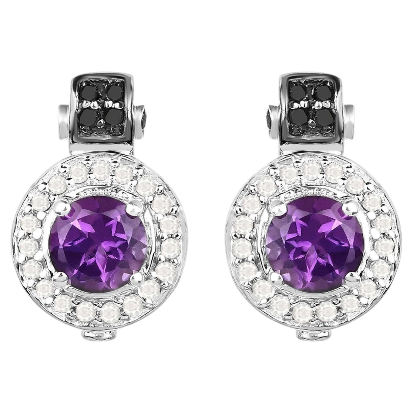 Amethyst Earrings With Diamonds 2.22 Carats Sterling Silver