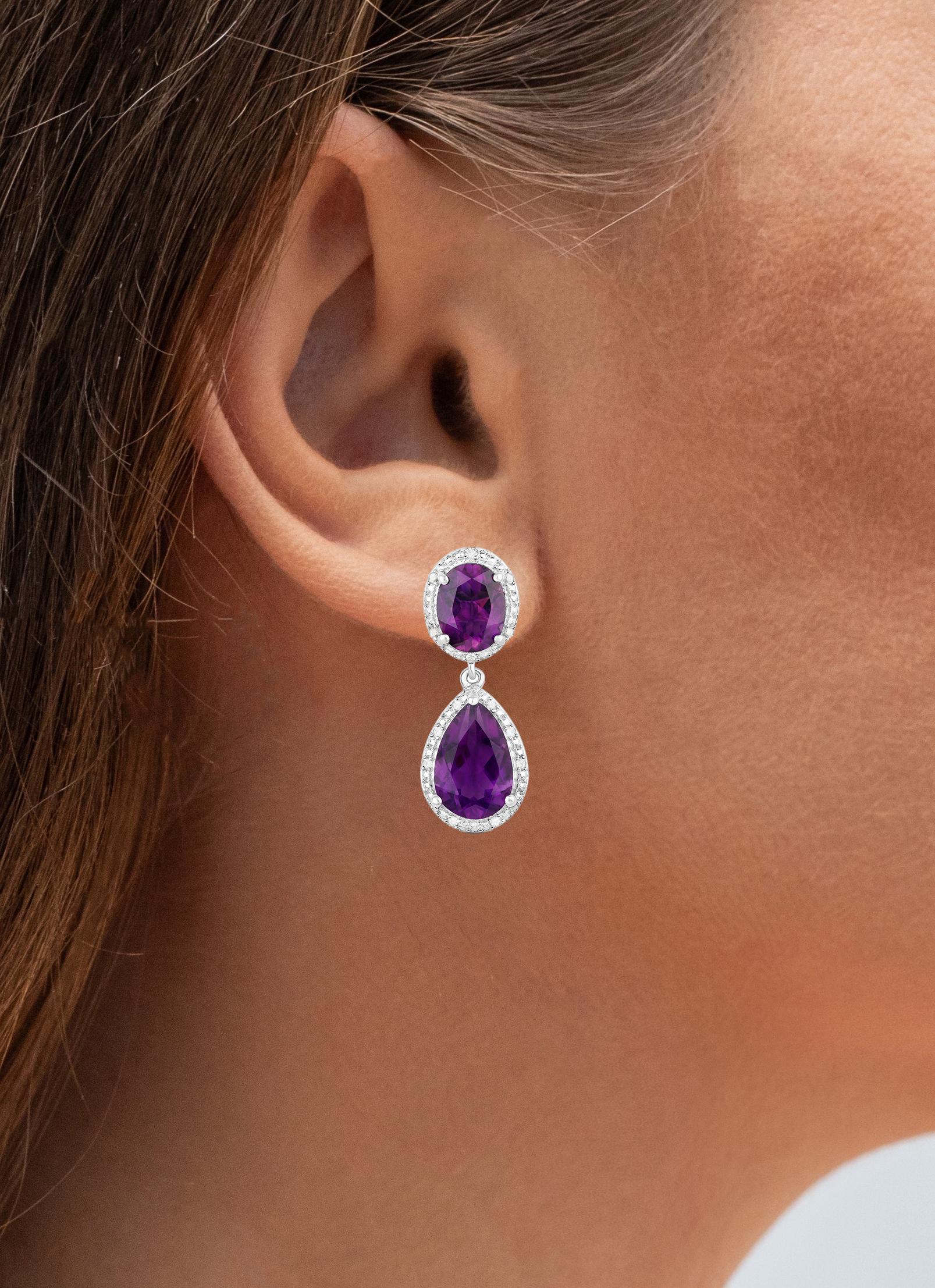 Contemporary Amethyst Earrings With Diamonds 8.45 Carats Rhodium Plated Sterling Silver For Sale