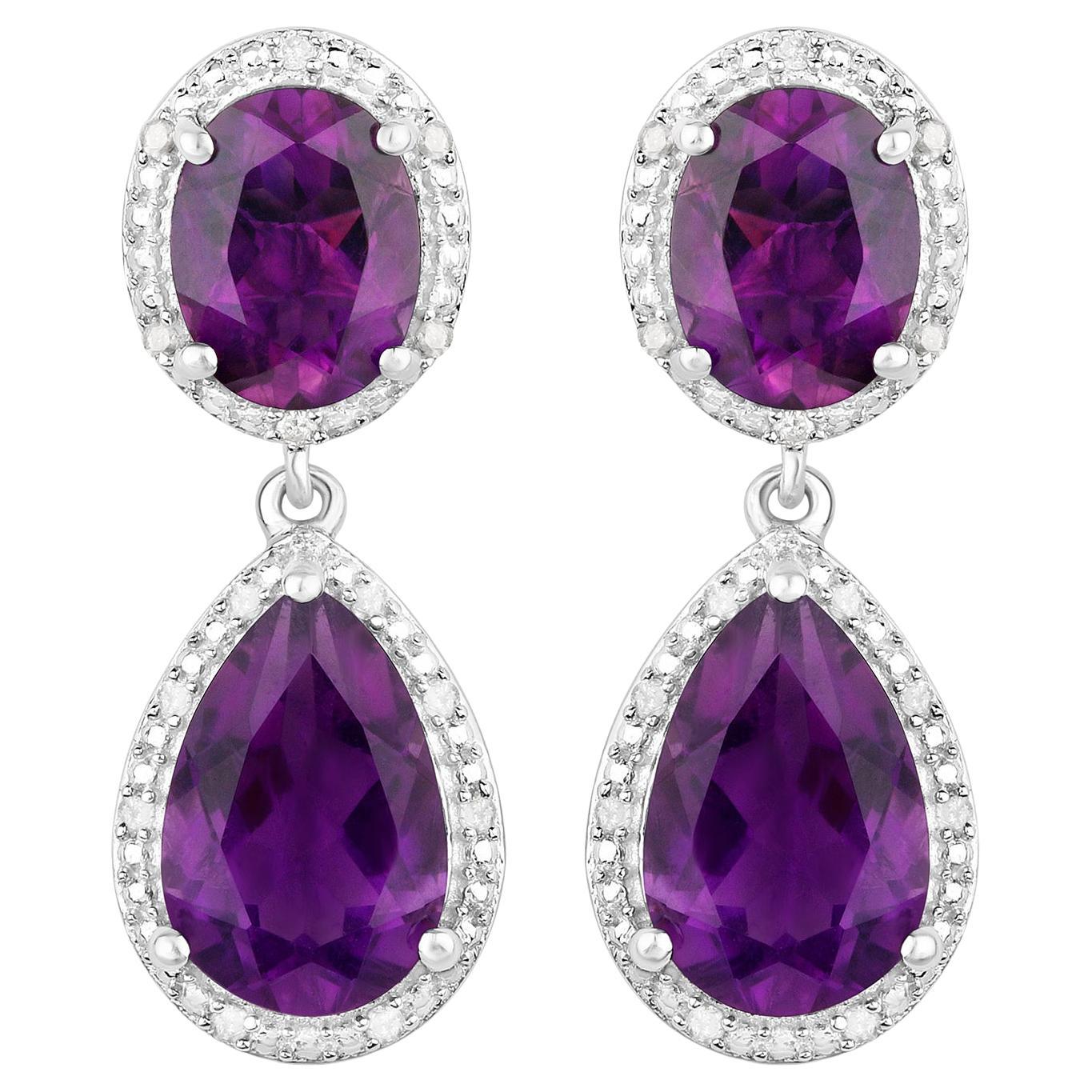 Amethyst Earrings With Diamonds 8.45 Carats Rhodium Plated Sterling Silver For Sale