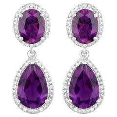 Natural Amethyst Dangle Earrings With Diamonds 8.45 Carats Total