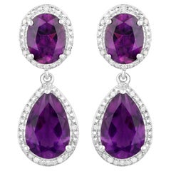 Amethyst Earrings With Diamonds 8.45 Carats Rhodium Plated Sterling Silver