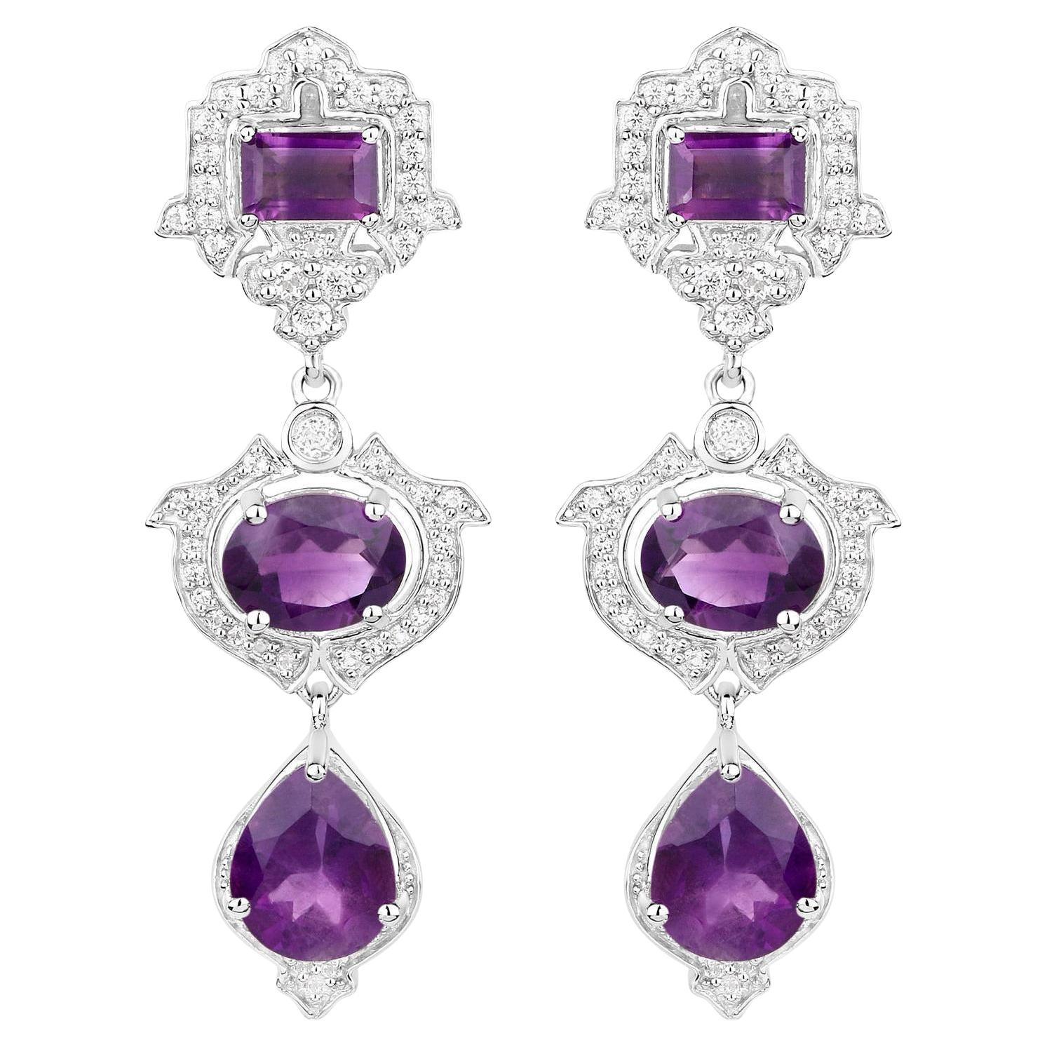 Amethyst Earrings With White Topaz 6.94 Carats Sterling Silver For Sale