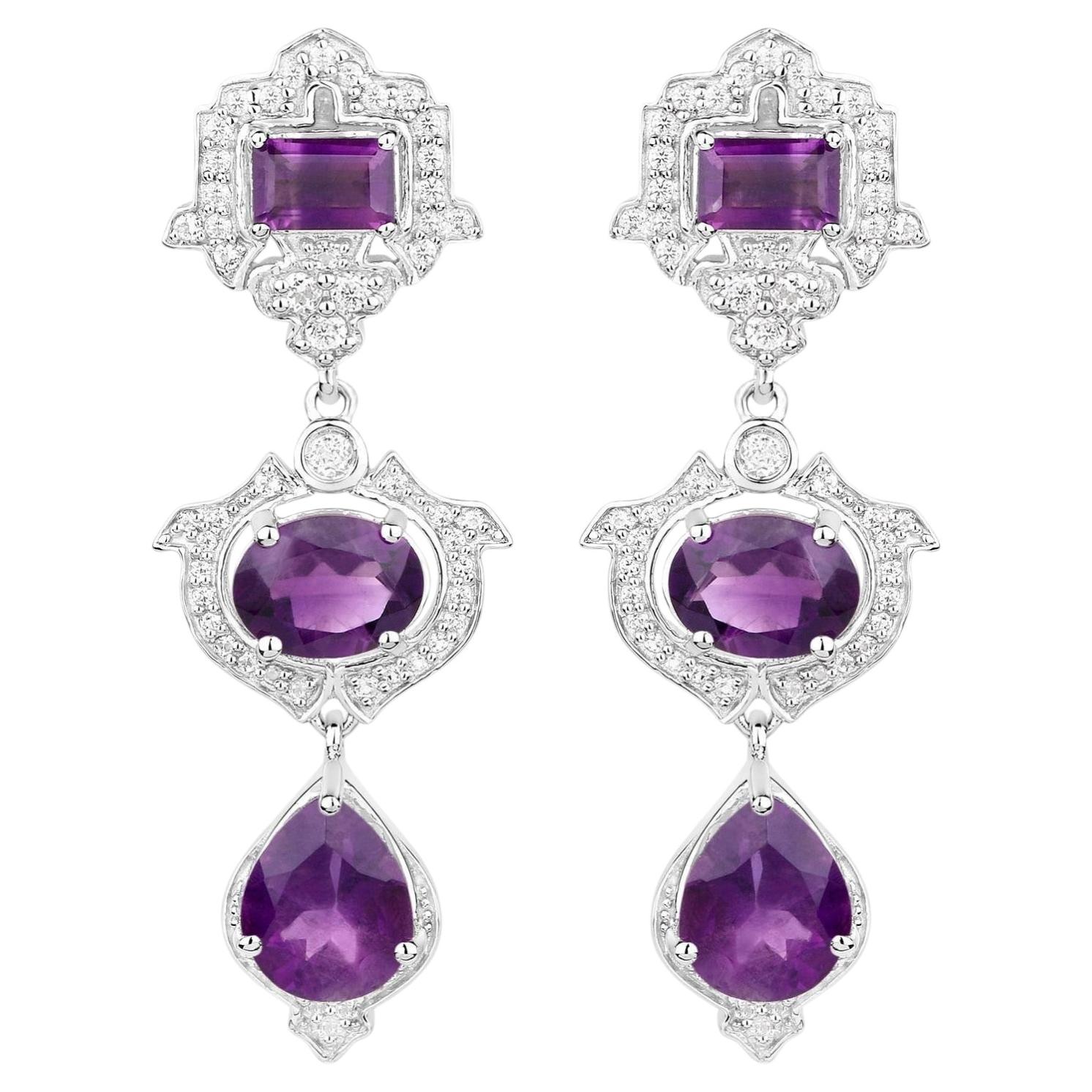 Amethyst Earrings With White Topaz 6.94 Carats Sterling Silver