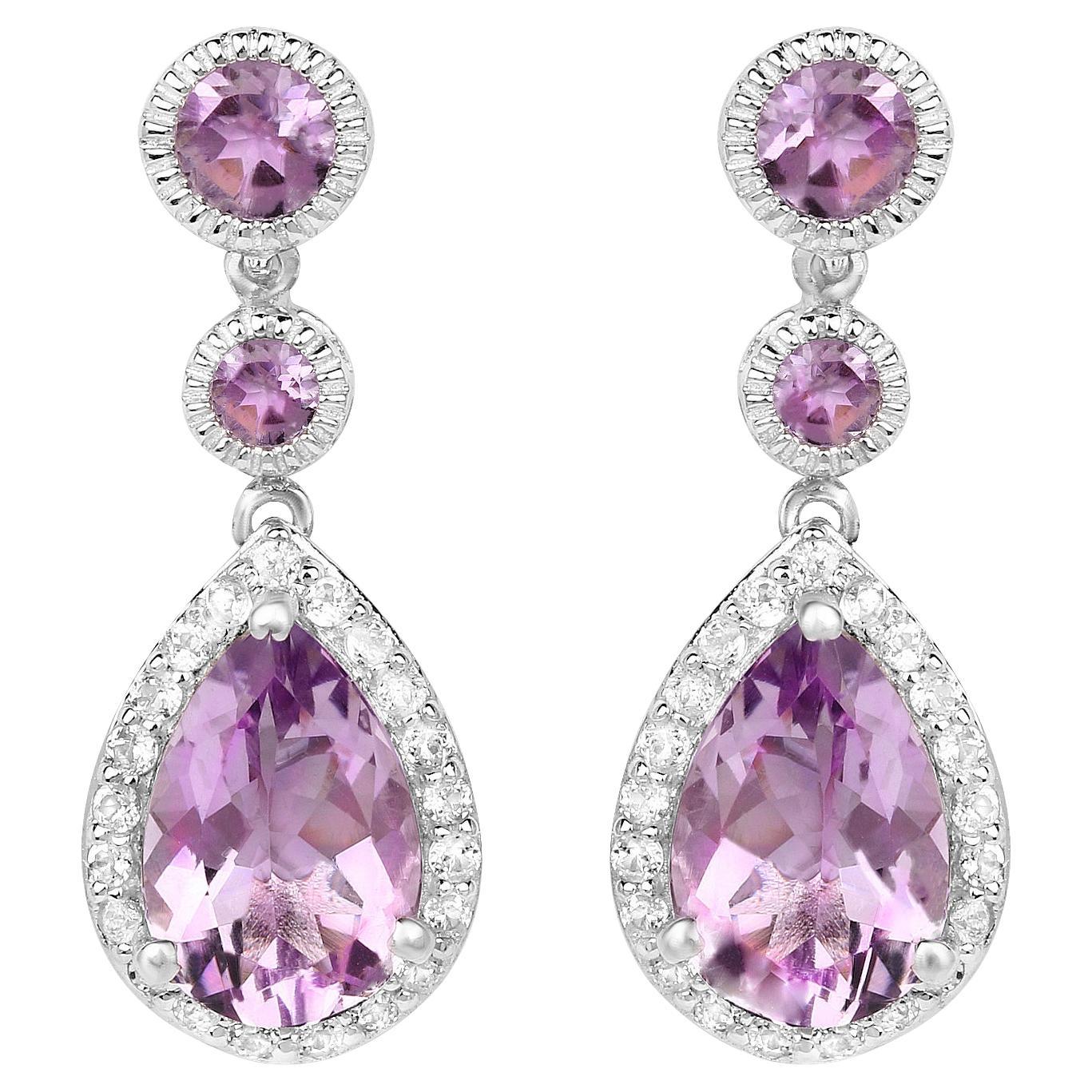 Amethyst Earrings With White Topazes 7.16 Carats Rhodium Plated Sterling Silver