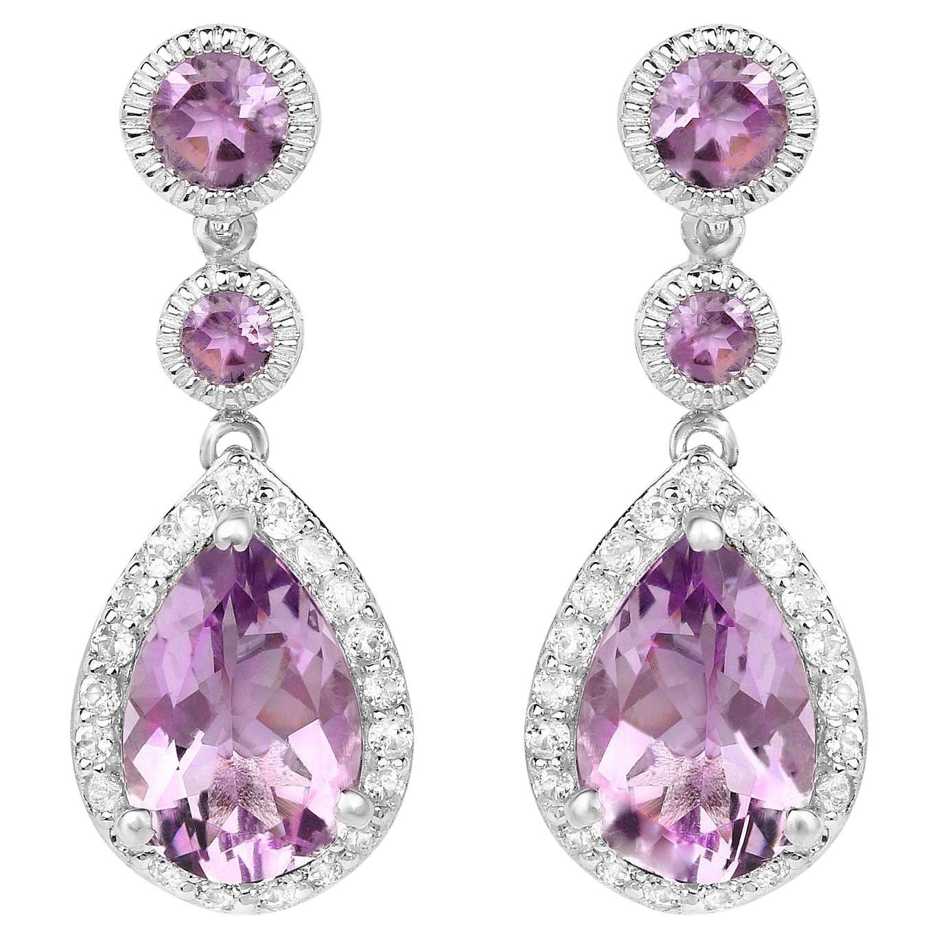 Amethyst Earrings With White Topazes 7.16 Carats Rhodium Plated Sterling Silver For Sale