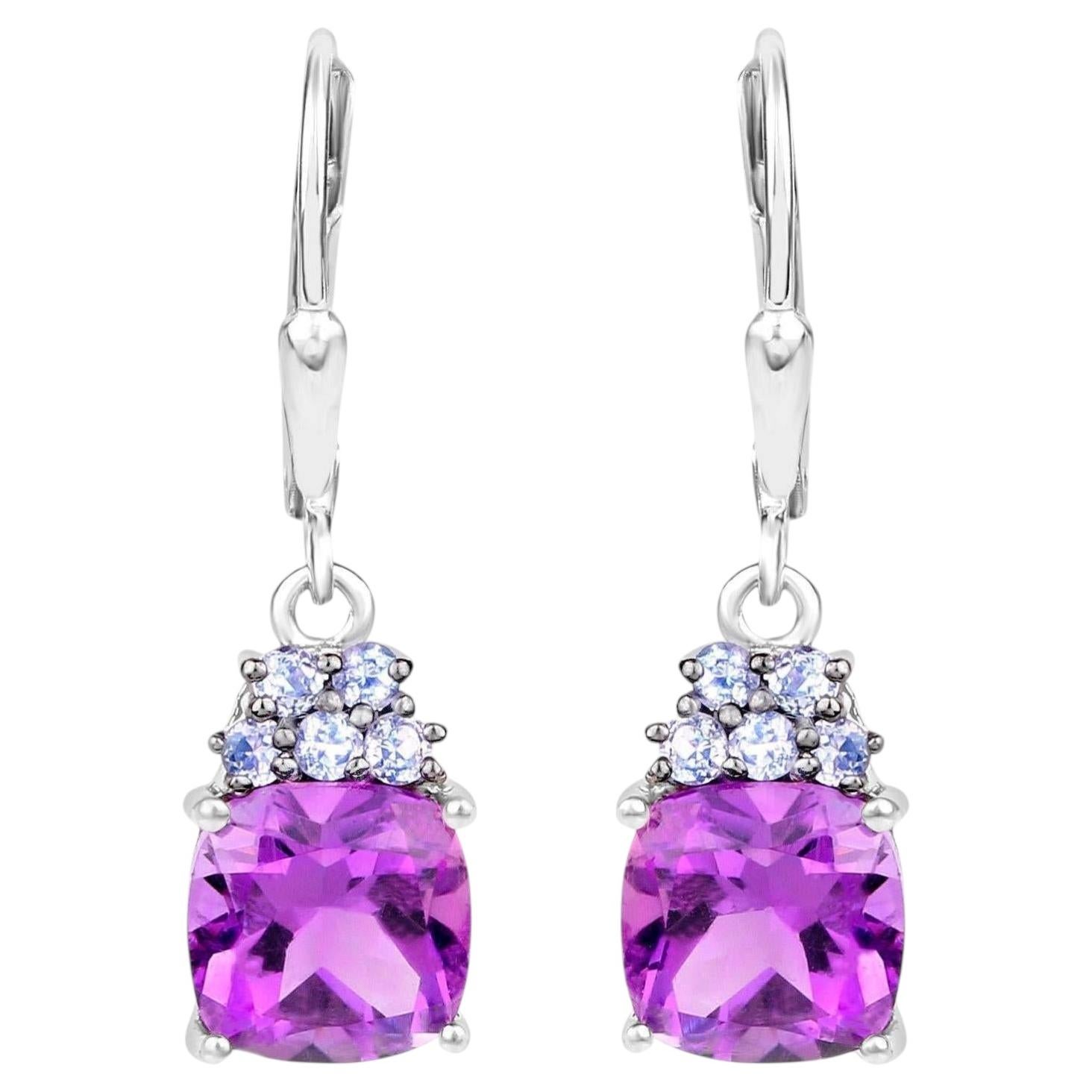 Amethyst Earrings Withl Tanzanite 3.92 Carats Sterling Silver