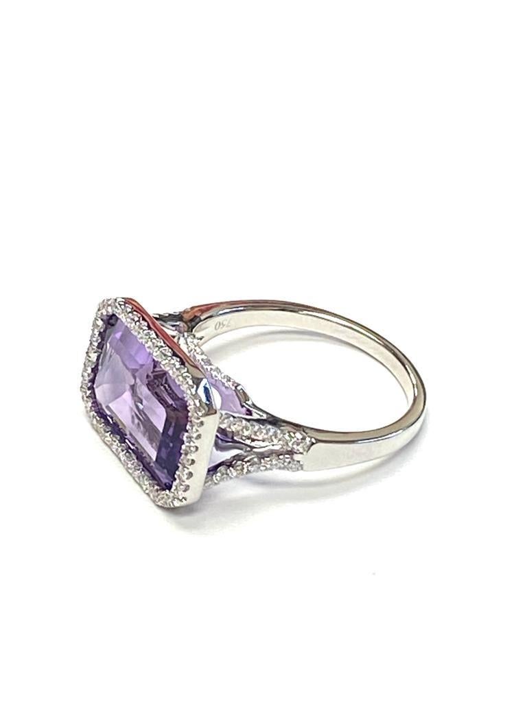 Amethyst East-West Emerald Cut Ring with Diamonds in 18k White Gold, from 'Gossip' Collection. Like any good piece of gossip, this collection carries a hint of shock value. They will have everyone in suspense about what Goshwara will do next.

*