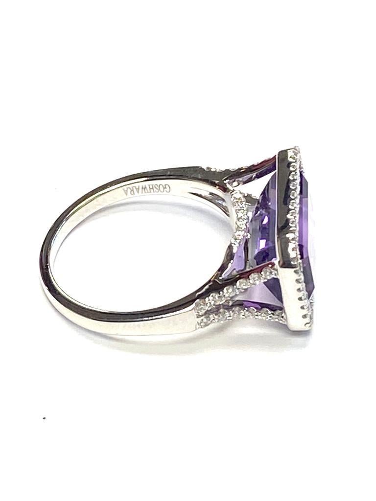 Contemporary Amethyst East-West Emerald Cut and Diamond Ring For Sale
