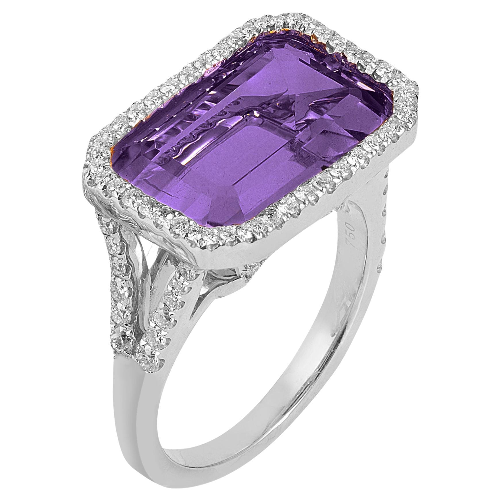 Amethyst East-West Emerald Cut and Diamond Ring For Sale