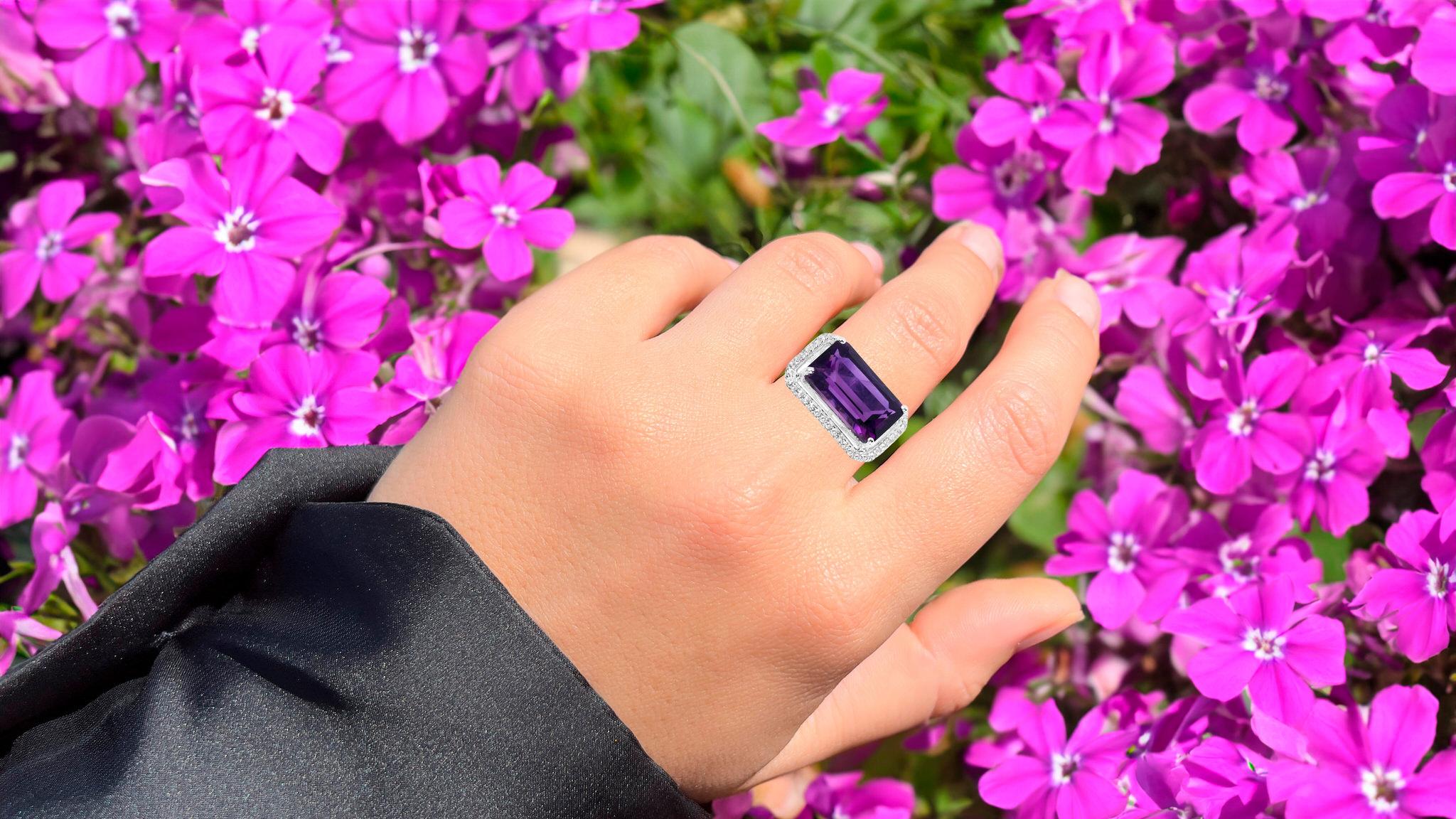Emerald Cut Amethyst East-West Ring with White Zircon 5.49 Carats Sterling Silver For Sale
