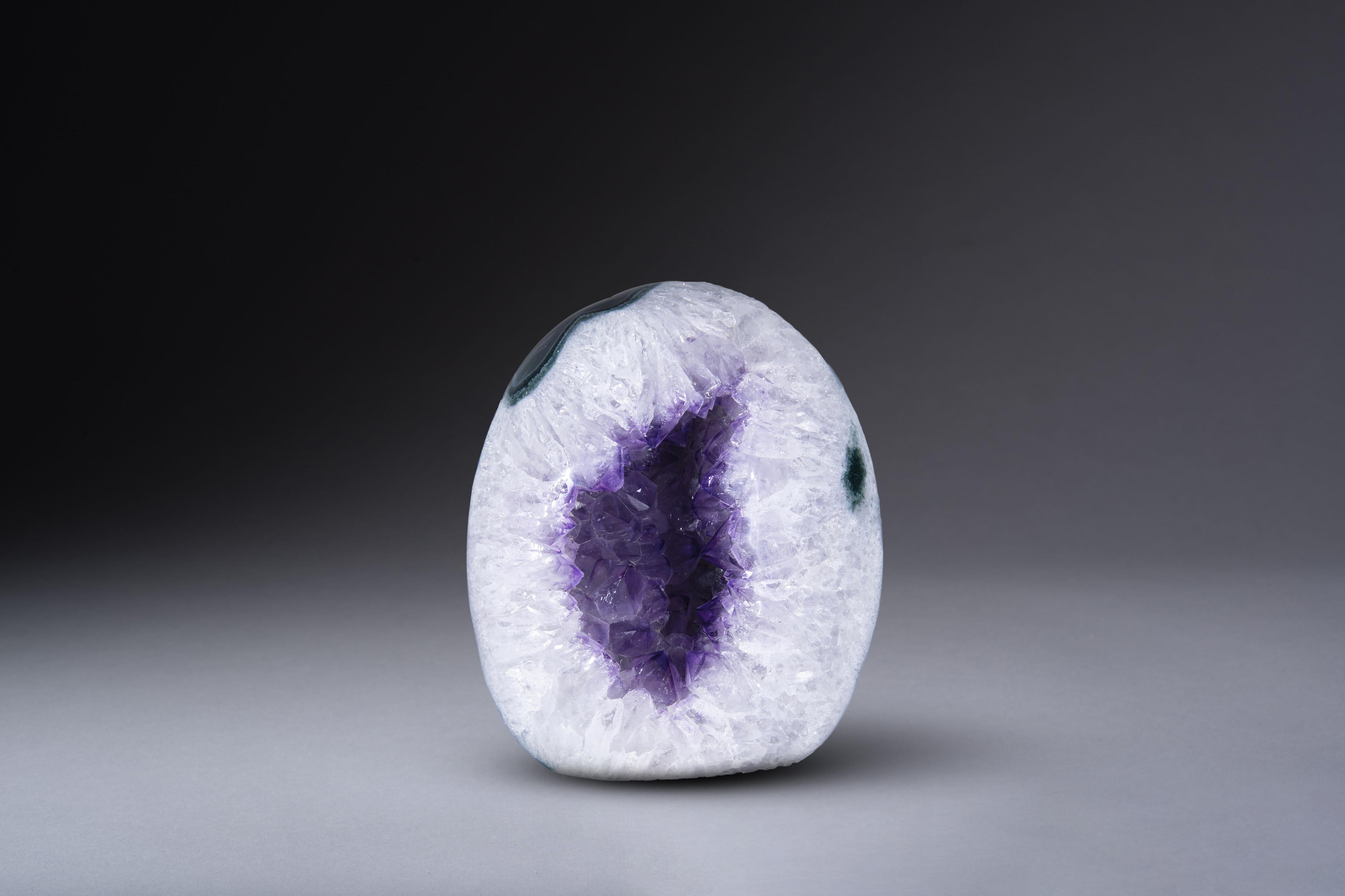 Uruguayan Amethyst Egg Geode Surrounded by Agate White Quartz and Green Celadonite