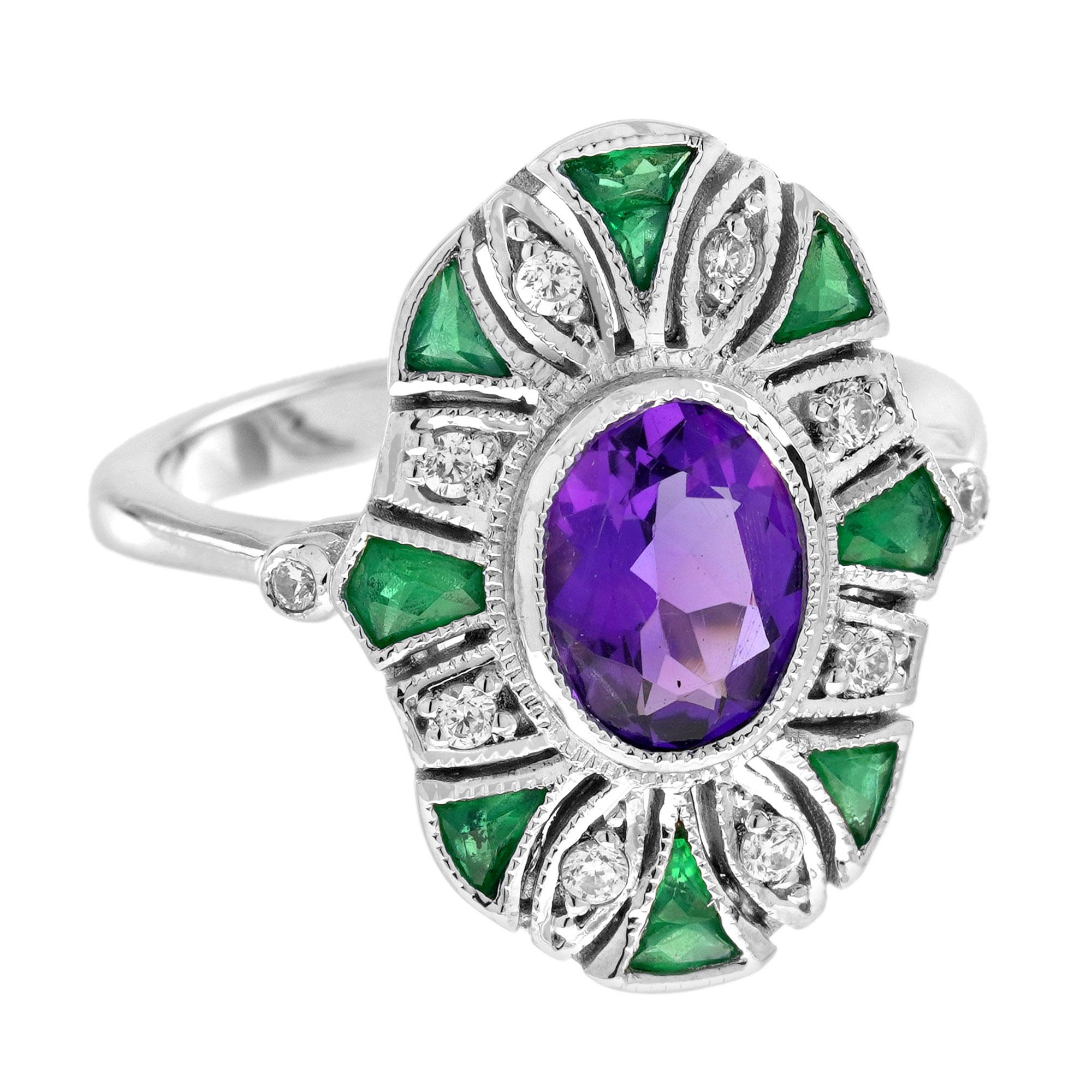 Amethyst-Smaragd und Diamant-Cocktailring im Art-Déco-Stil aus 14 Karat Weißgold (Art déco) im Angebot