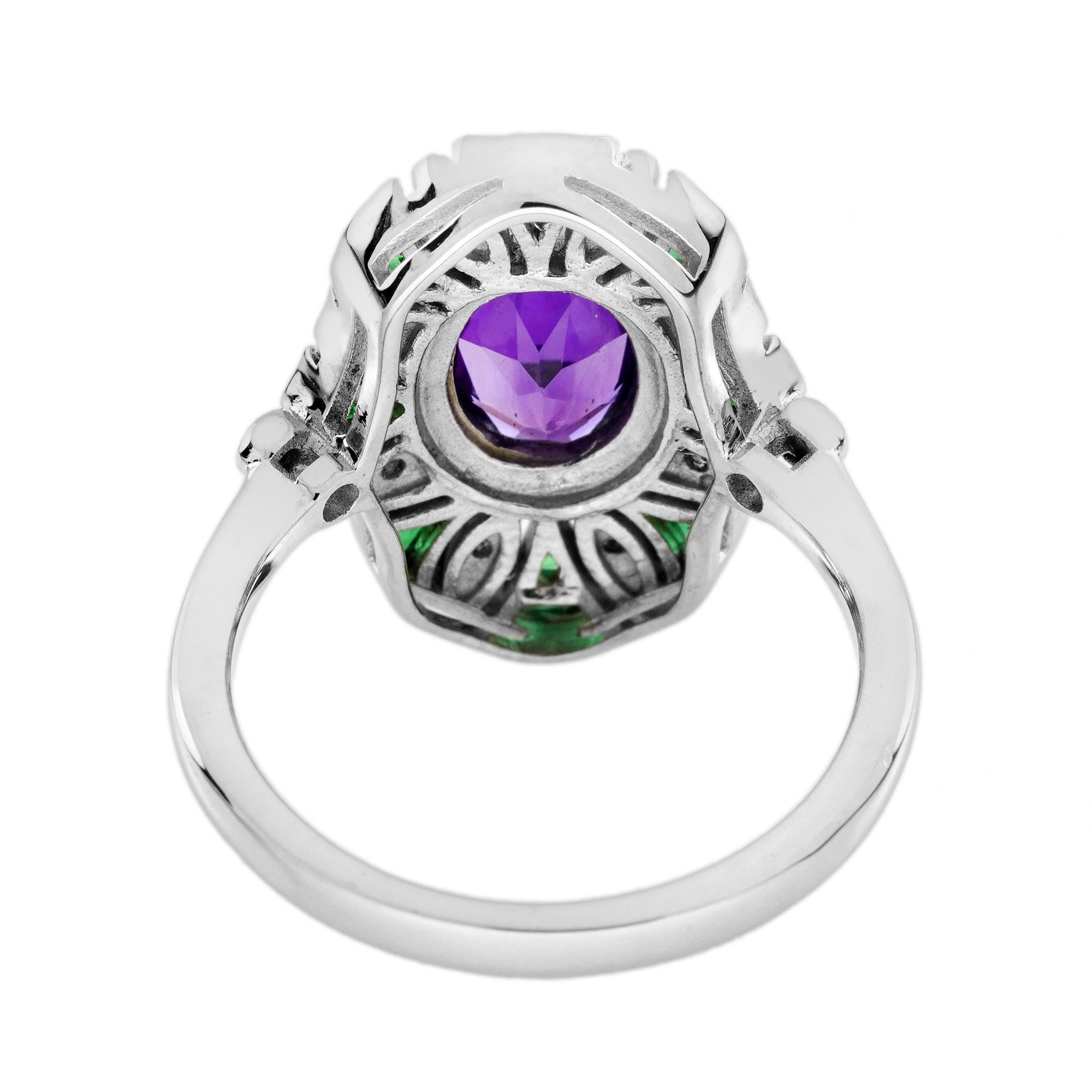 Amethyst-Smaragd und Diamant-Cocktailring im Art-Déco-Stil aus 14 Karat Weißgold im Zustand „Neu“ im Angebot in Bangkok, TH