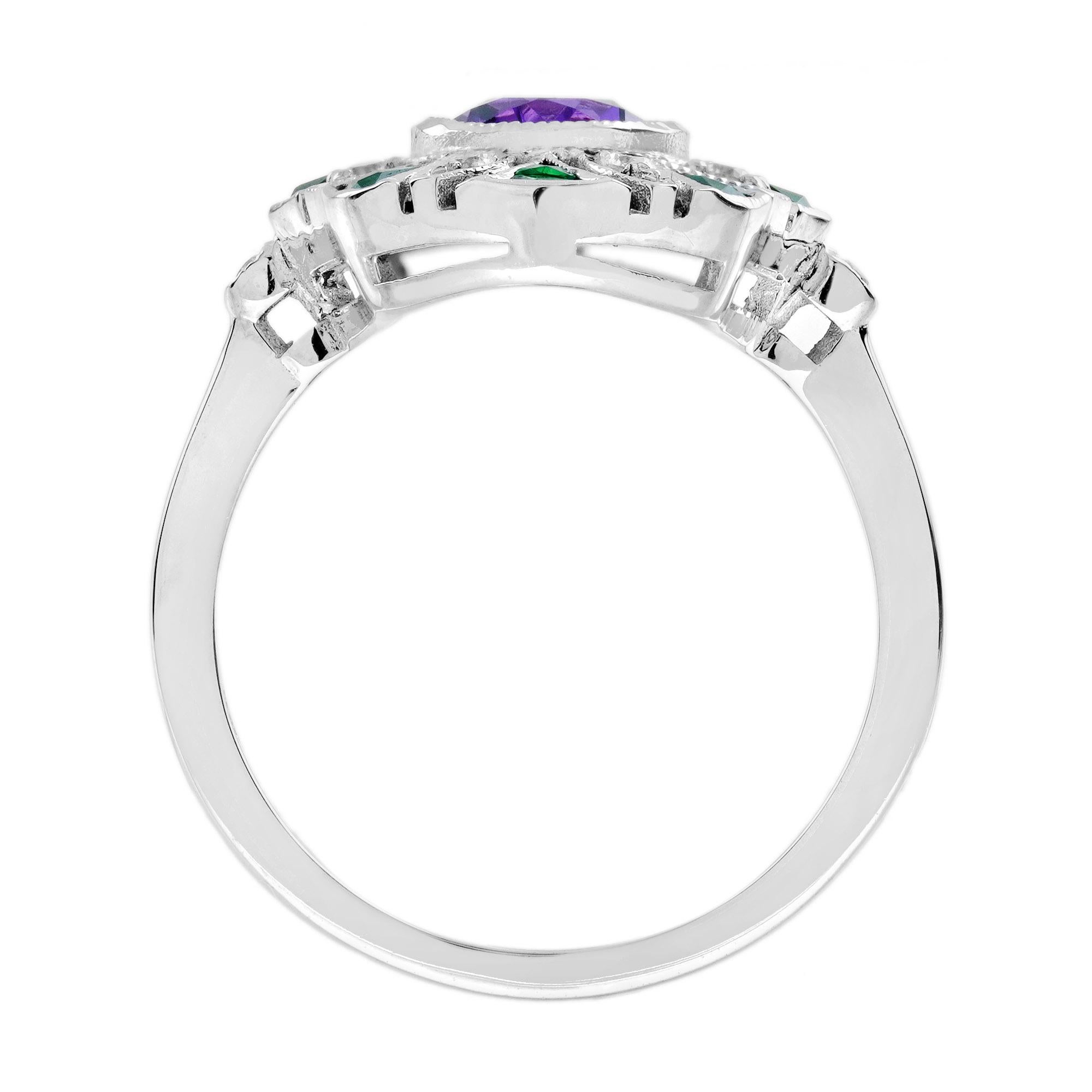 Amethyst-Smaragd und Diamant-Cocktailring im Art-Déco-Stil aus 14 Karat Weißgold Damen im Angebot