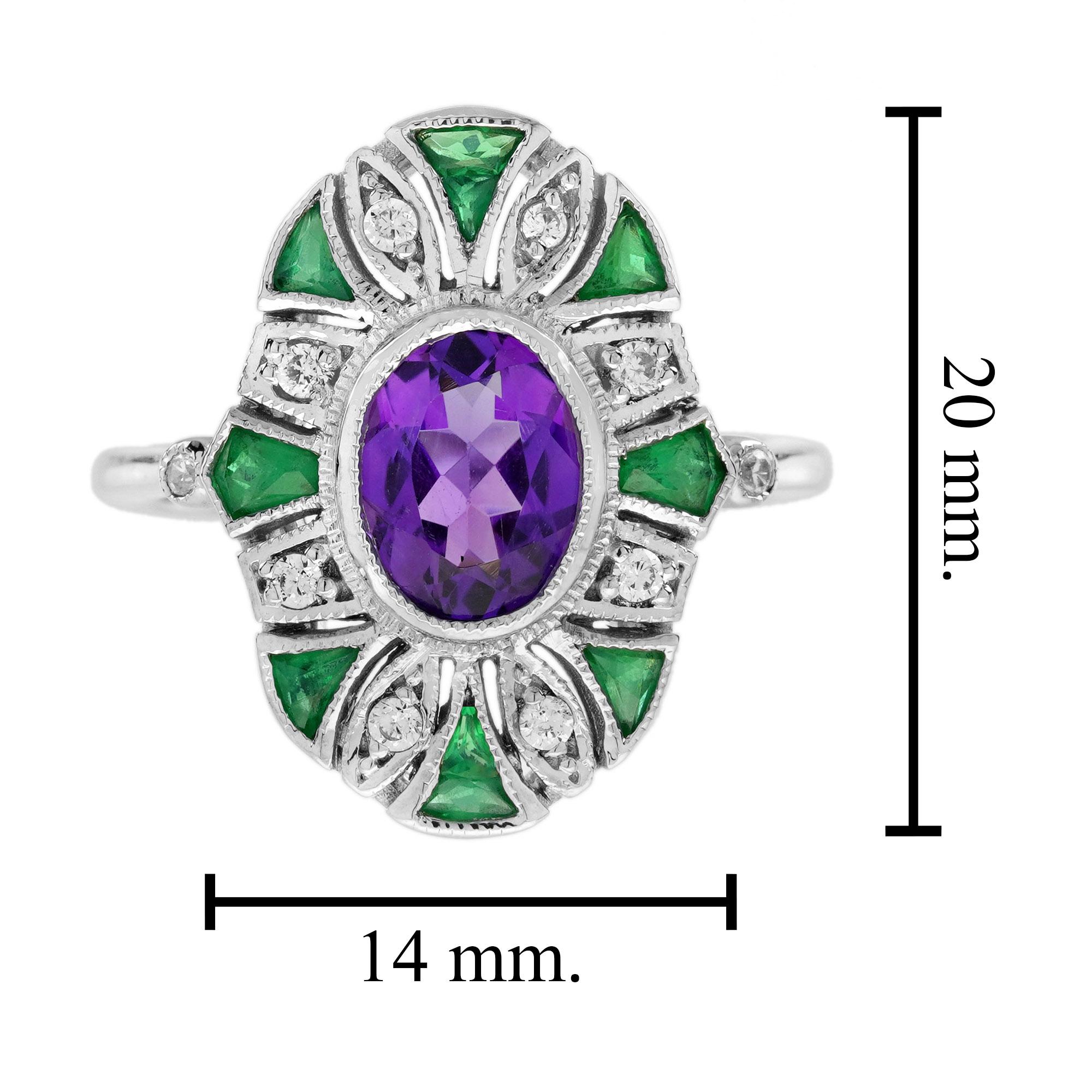 Amethyst-Smaragd und Diamant-Cocktailring im Art-Déco-Stil aus 14 Karat Weißgold im Angebot 1