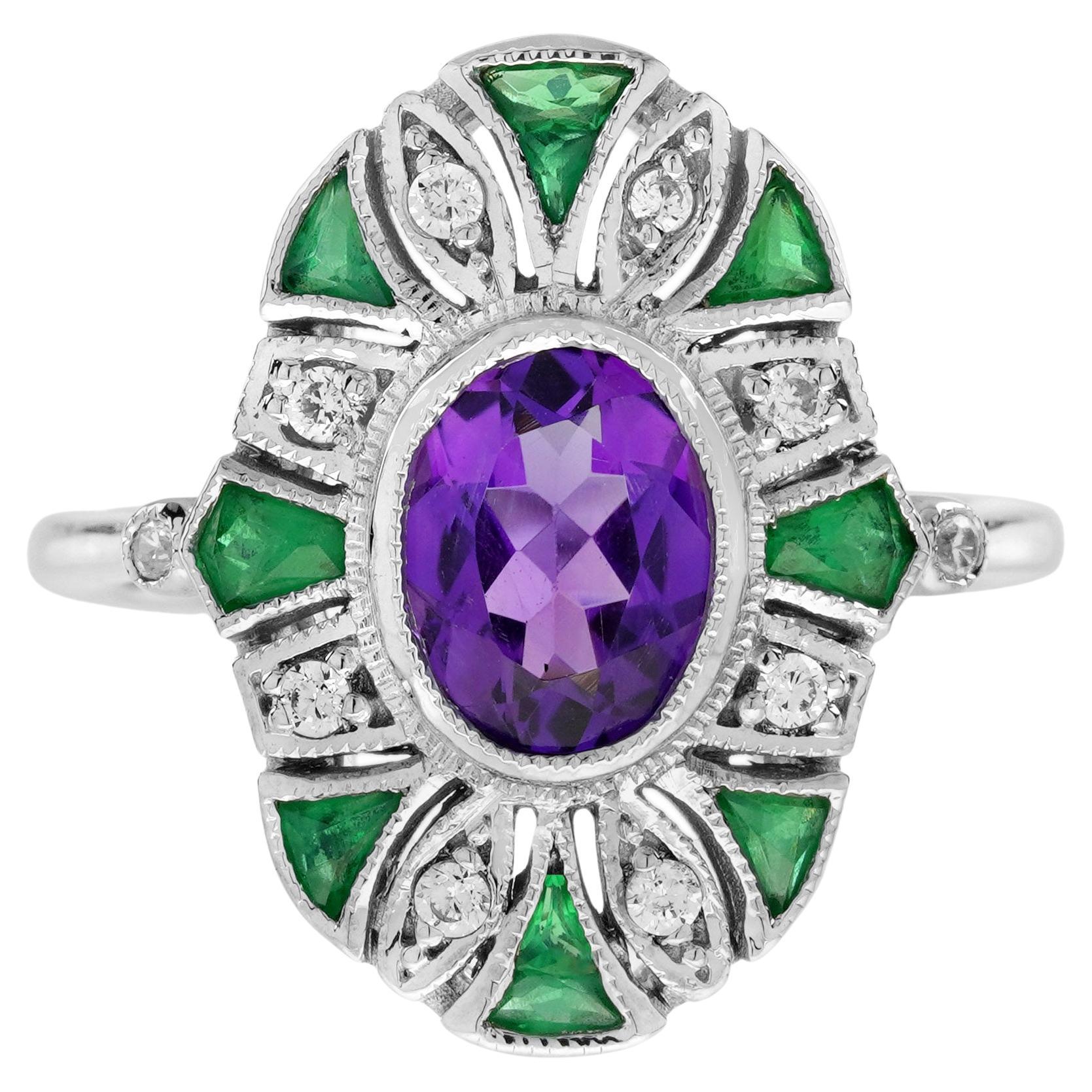 Amethyst Emerald and Diamond Art Deco Style Cocktail Ring in 14K White Gold