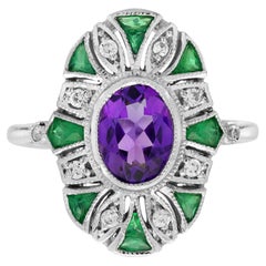 Amethyst Emerald and Diamond Art Deco Style Cocktail Ring in 14K White Gold
