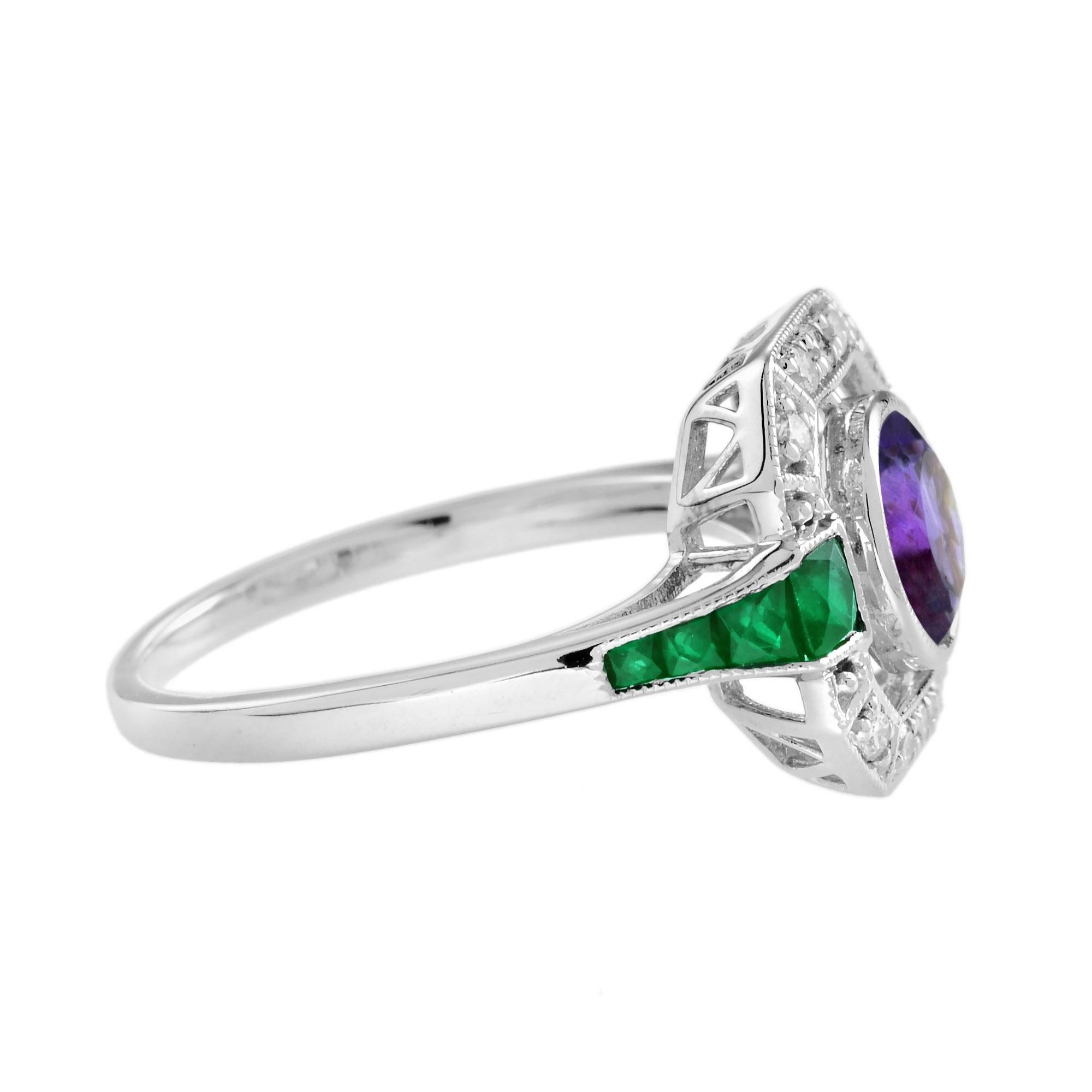 Taille ronde Bague de style Art déco en or blanc 14K avec émeraude, améthyste et diamant en vente
