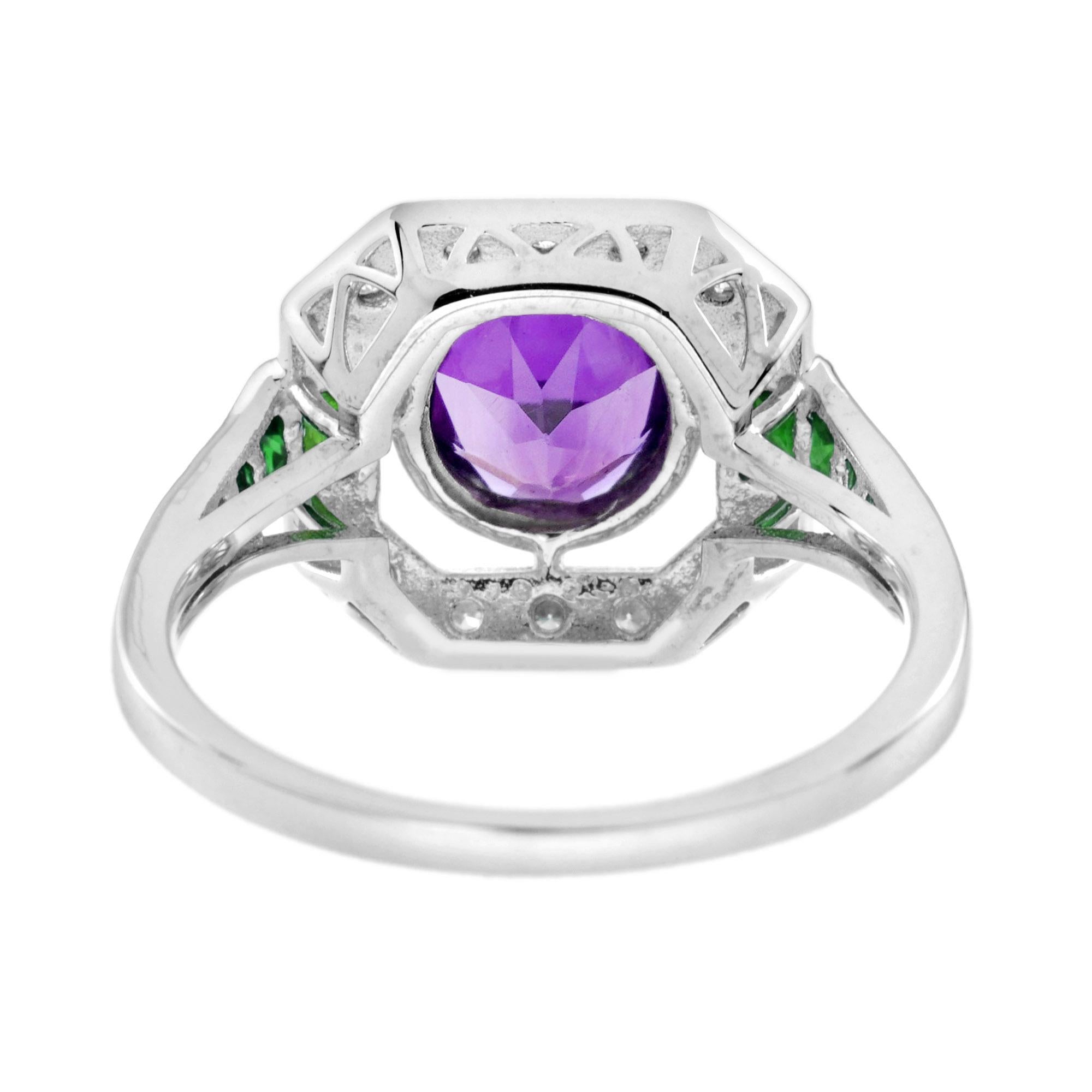 Bague de style Art déco en or blanc 14K avec émeraude, améthyste et diamant Neuf - En vente à Bangkok, TH