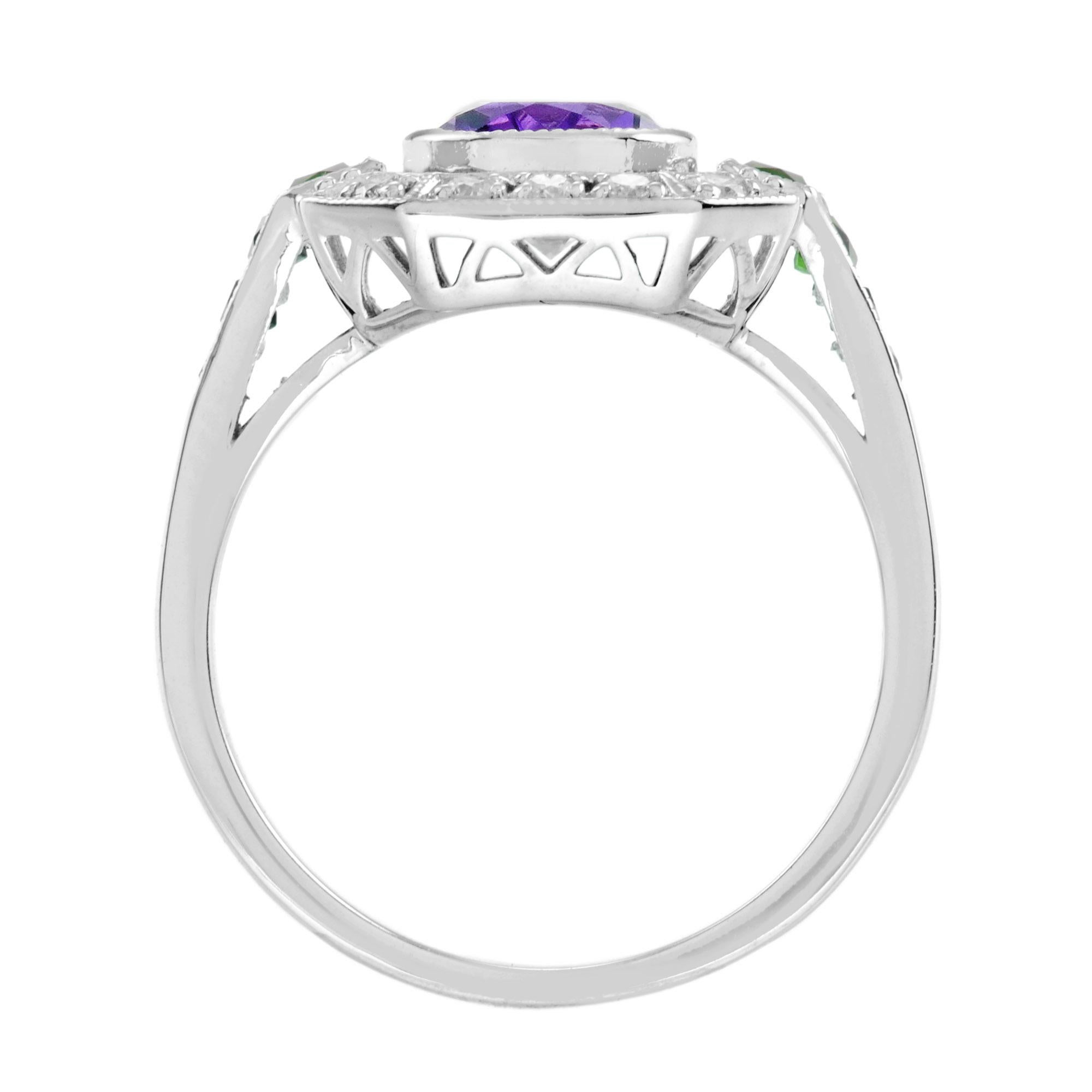 Bague de style Art déco en or blanc 14K avec émeraude, améthyste et diamant Pour femmes en vente
