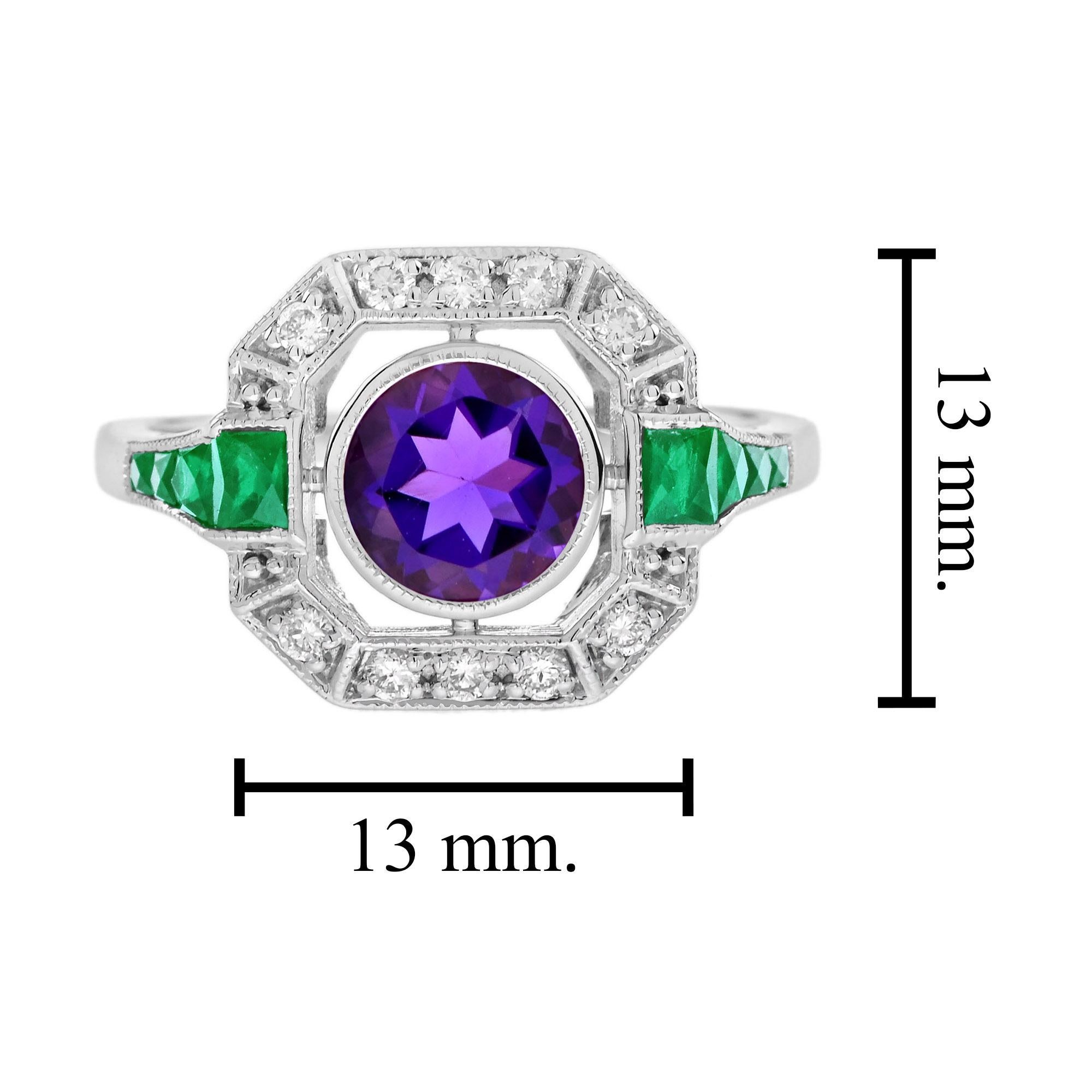 Bague de style Art déco en or blanc 14K avec émeraude, améthyste et diamant en vente 1