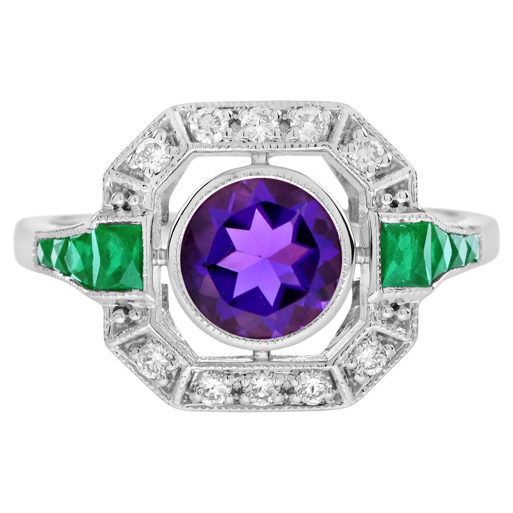 Bague de style Art déco en or blanc 14K avec émeraude, améthyste et diamant en vente