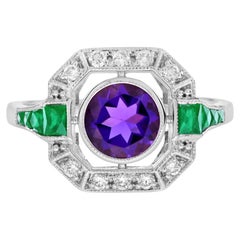 Bague de style Art déco en or blanc 14K avec émeraude, améthyste et diamant