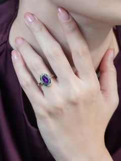 Amethyst Emerald and Diamond Art Deco Style Target Ring in 14K White Gold